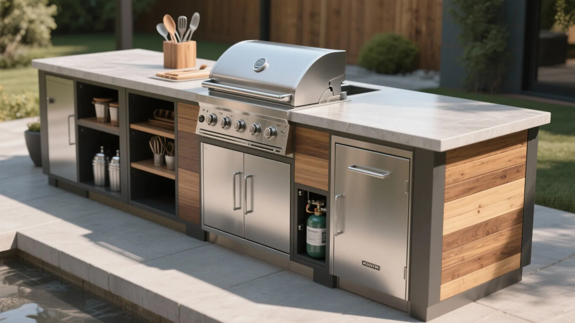 3. Built-in grill island with concealed storage