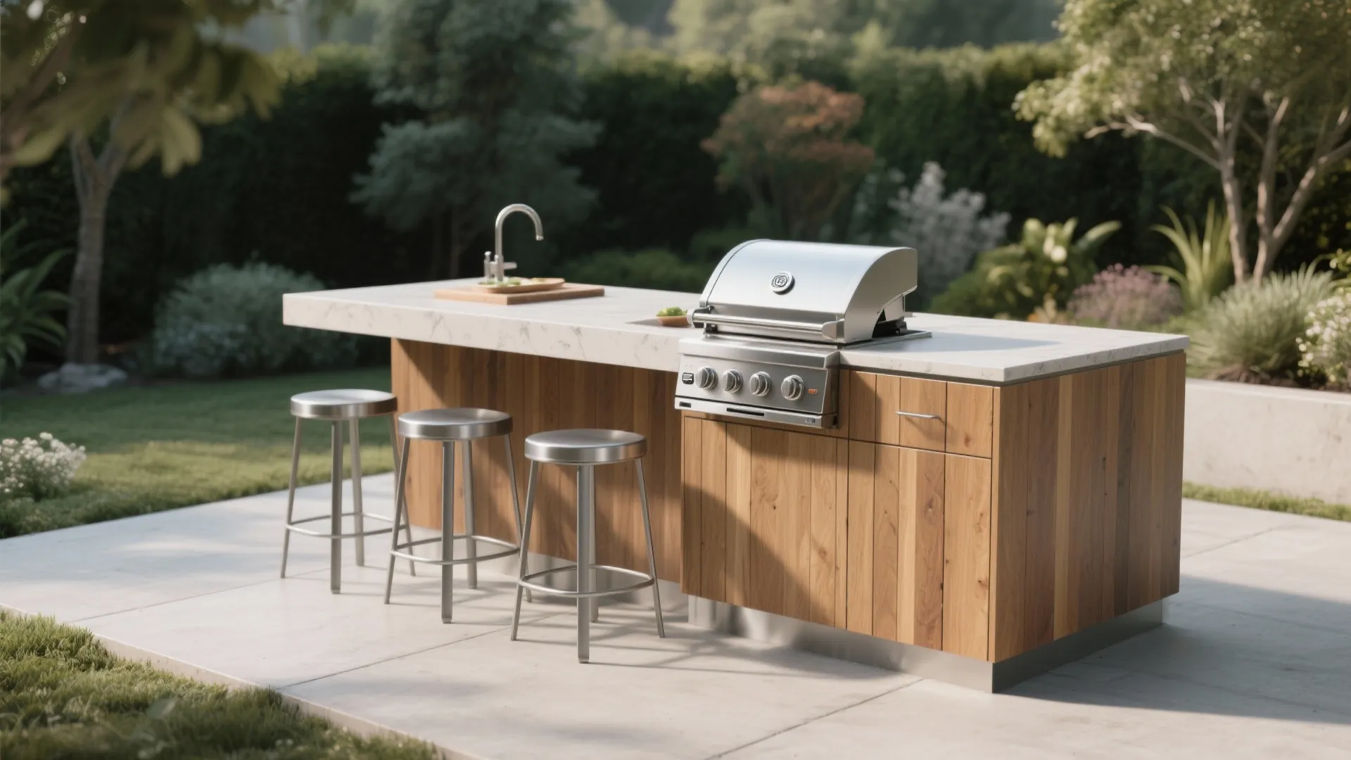 Outdoor kitchen island with wooden cabinets metal grill sink and three bar stools in a garden