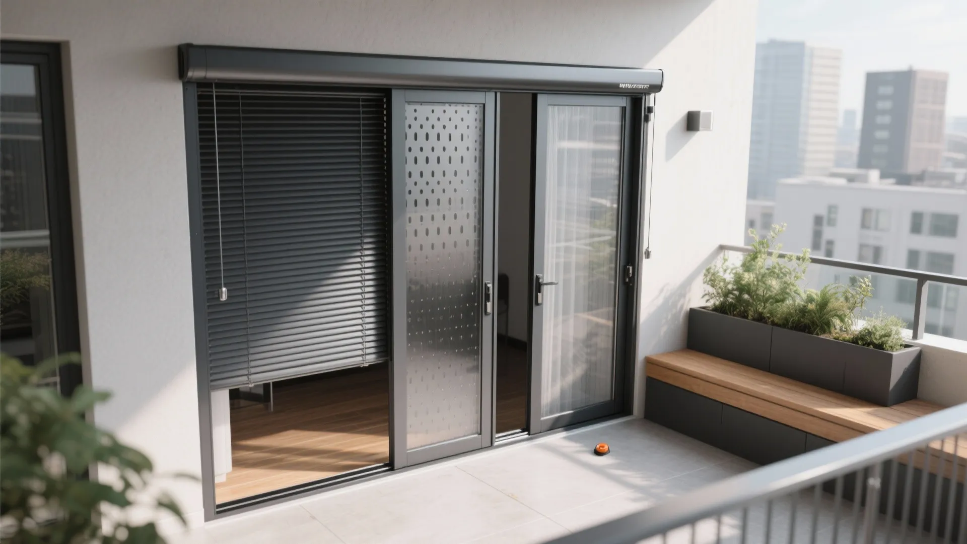 Open glass balcony door with black shutters a wooden bench and built in planters with greenery