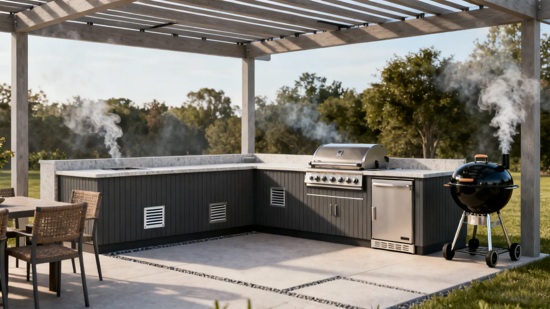 L-shaped patio kitchen with grill and smoker separated, heat shields and safe clearances under a pergola.