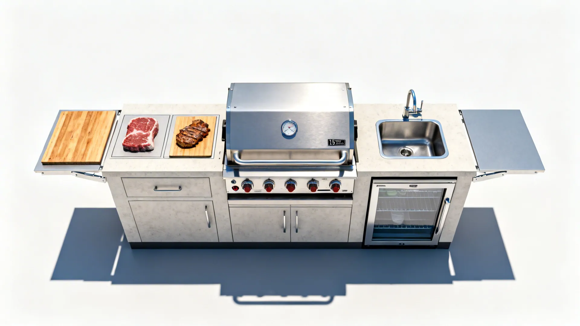 Top-down plan of a compact grill station with sink, shelf, and defined prep zones