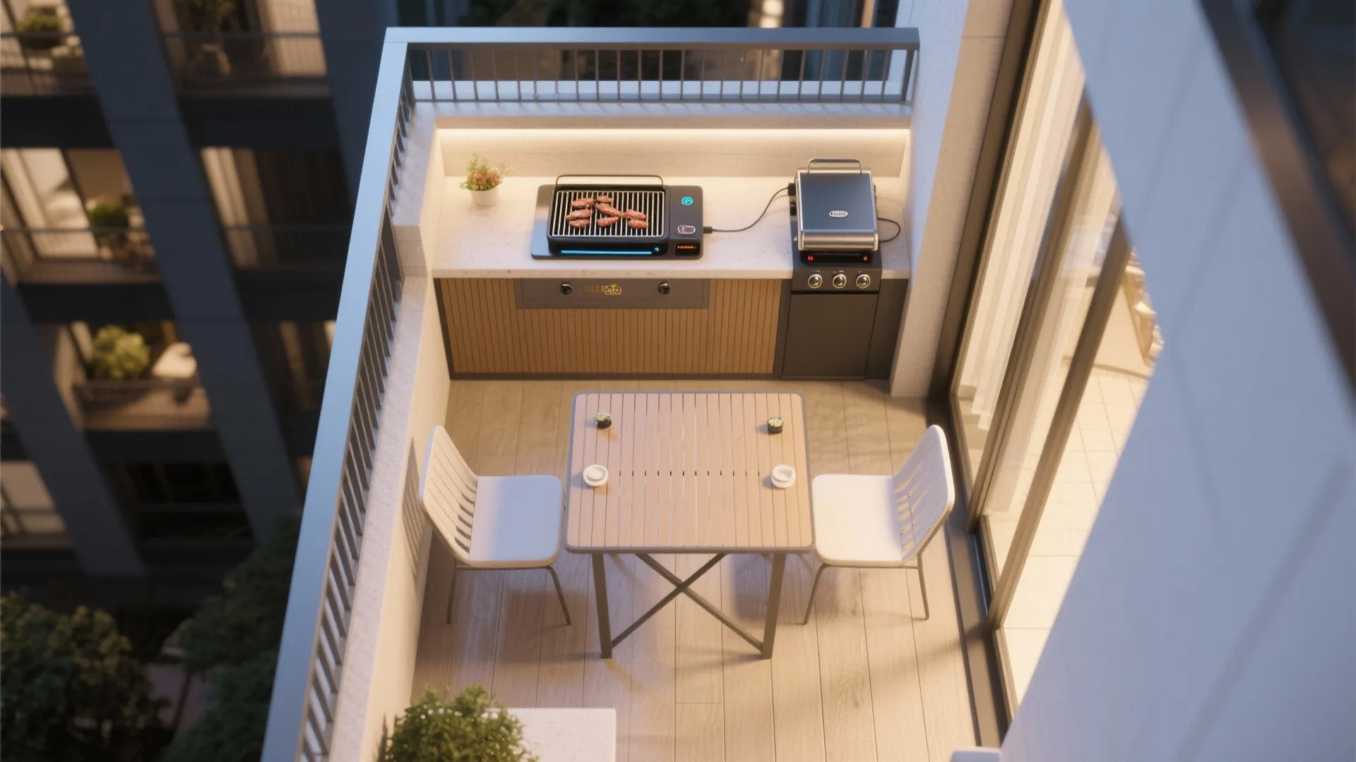 Top-down balcony layout showing grill buffer zones and drop-leaf table positions.