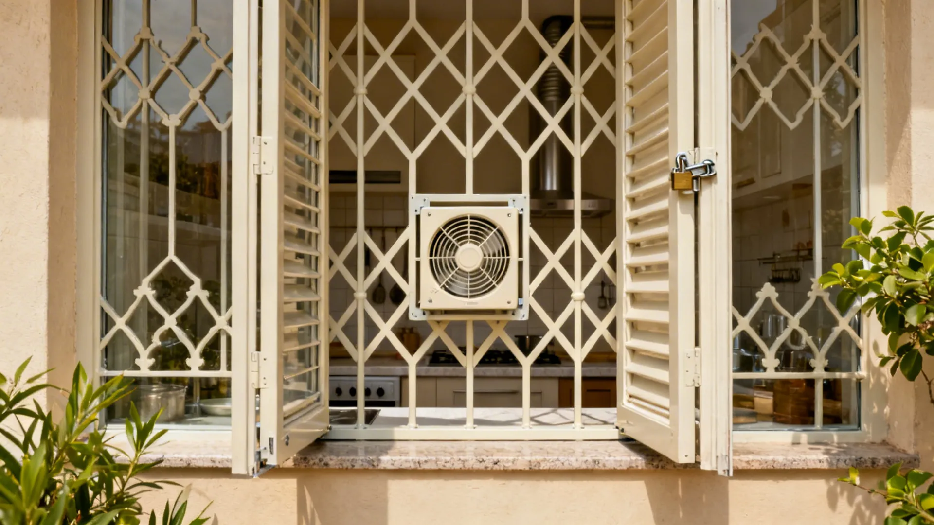 Kitchen window with MS security grille and a removable exhaust fan cassette aligned to the pattern.