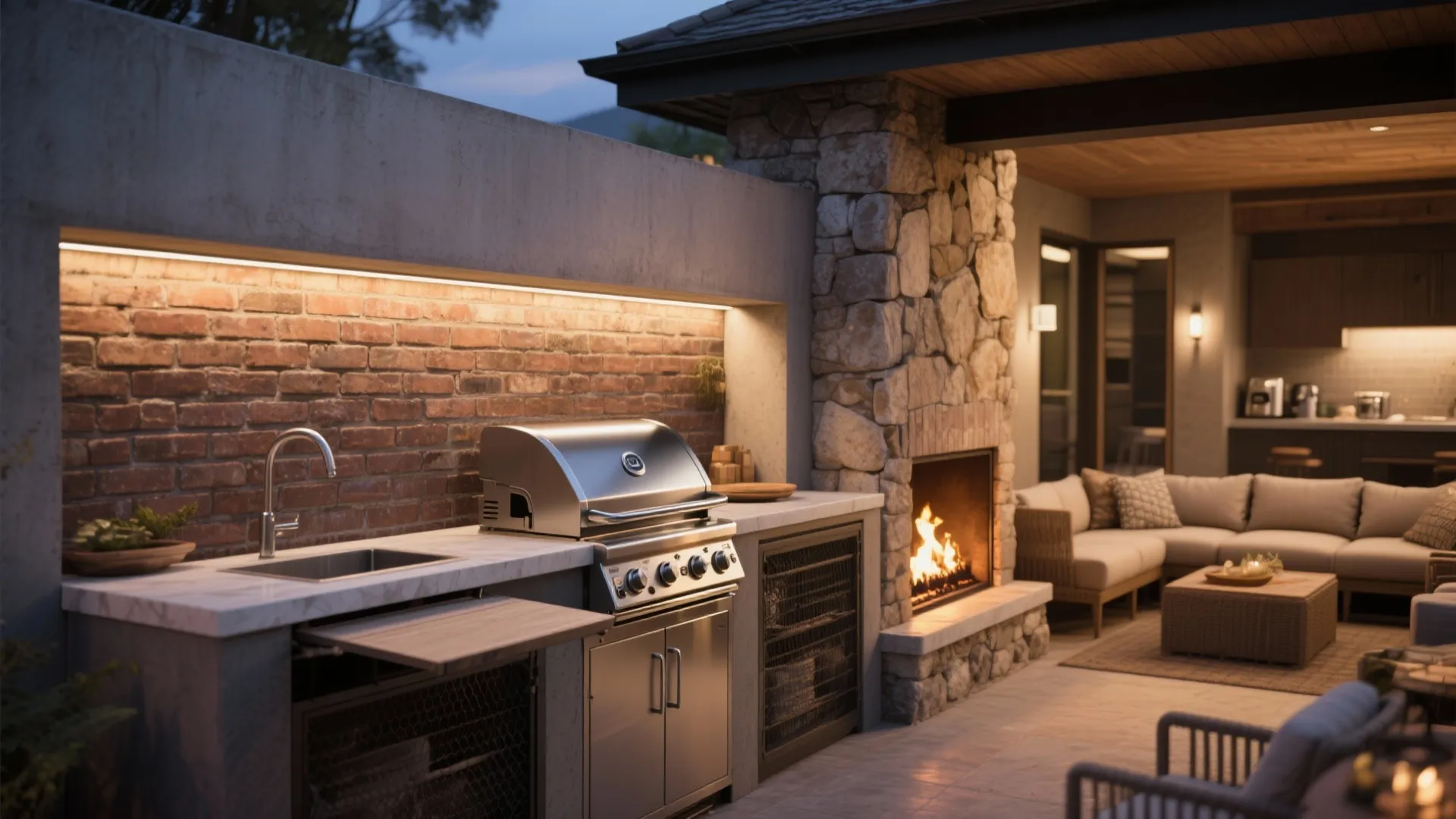 1. The Built-In Grilling Wall with Cozy Fireplace Nook