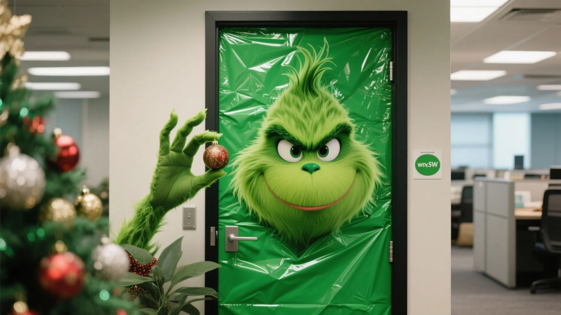 Office door covered in green plastic with a large Grinch face holding a small ornament