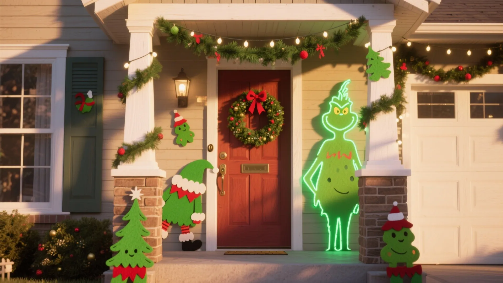 Front porch decorated with green character neon signs red door wreath and festive Christmas garlands