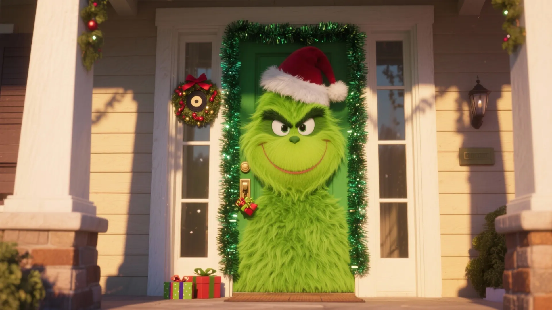 Green furry character face on front door with santa hat tinsel and small gift boxes