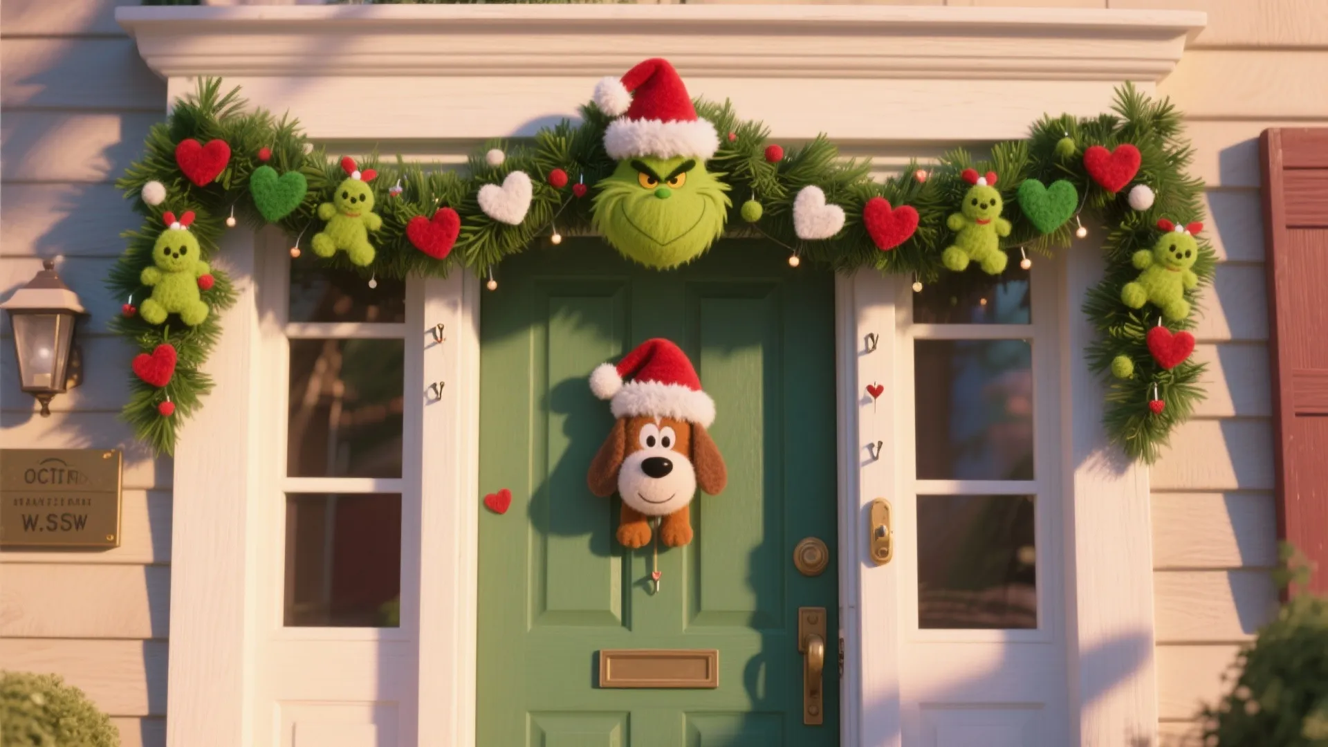 Front door Christmas decoration featuring a green holiday garland with hearts and a small dog