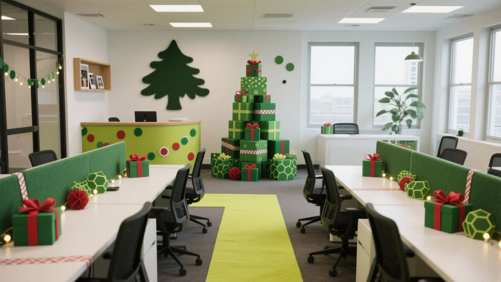 Open office interior with white desks green dividers and large tree made of green gift boxes