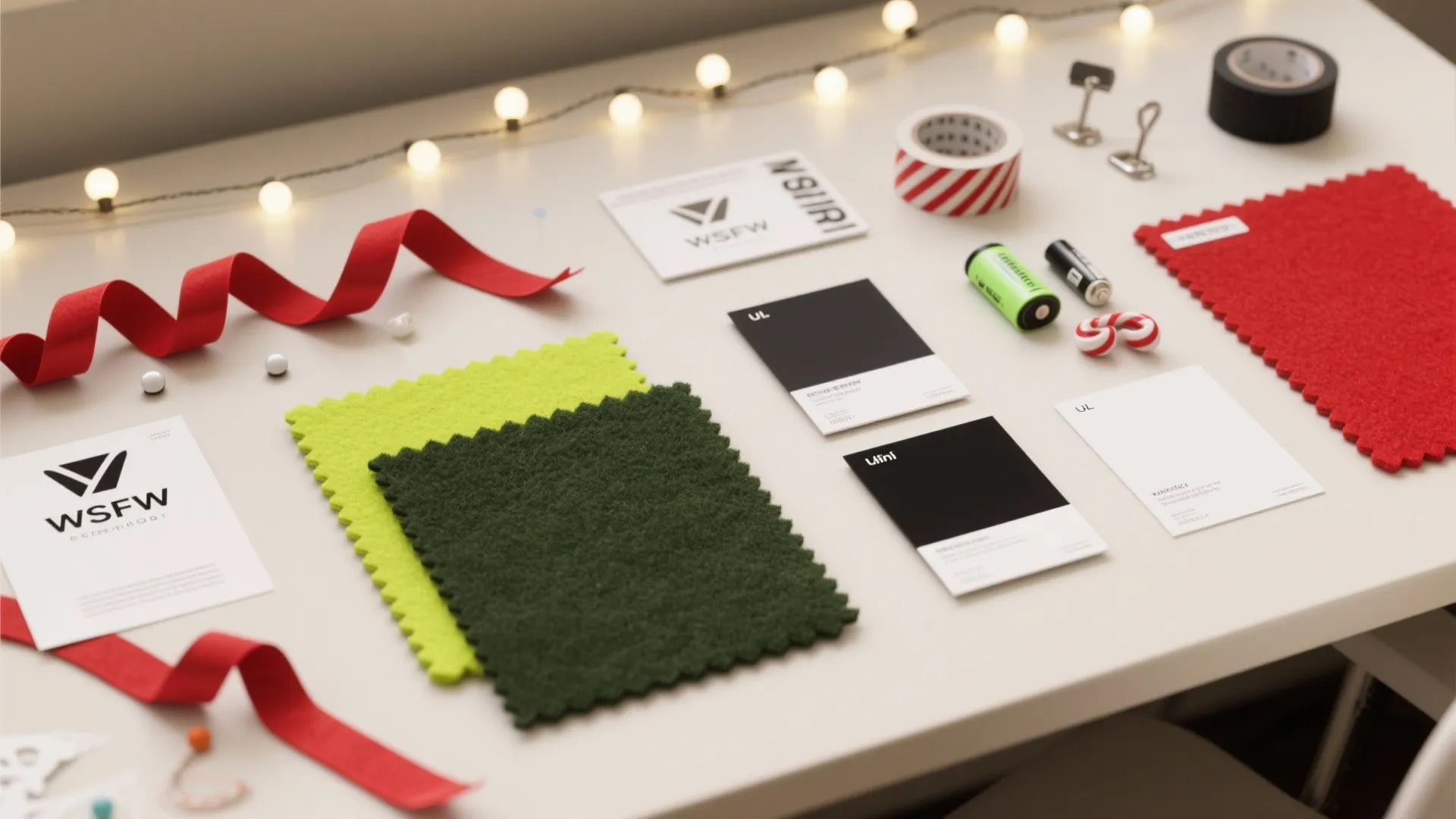 Red and green fabric samples with business cards and office supplies on a white desk