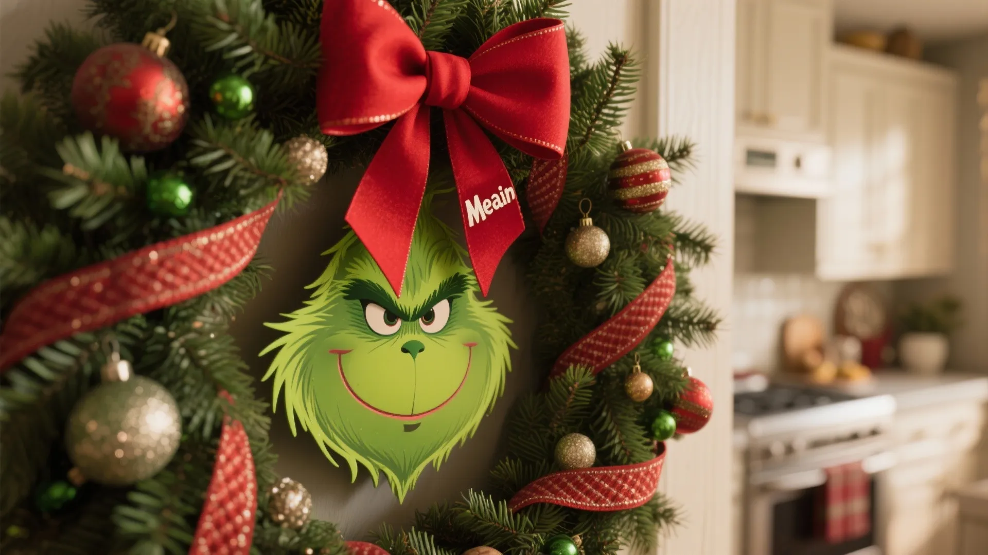 Christmas wreath with green character face red bow and colorful ball ornaments in cozy kitchen