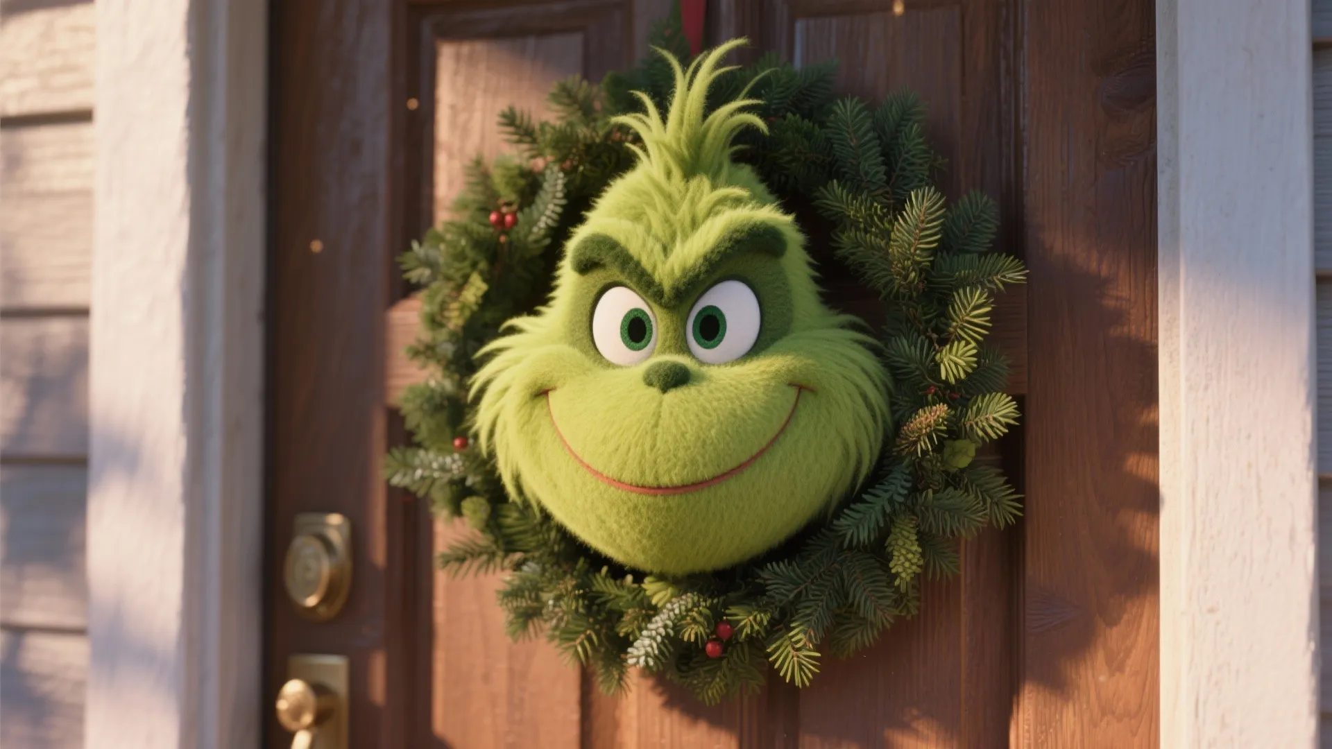 Green cartoon character face inside a Christmas pine wreath hanging on a brown wooden door