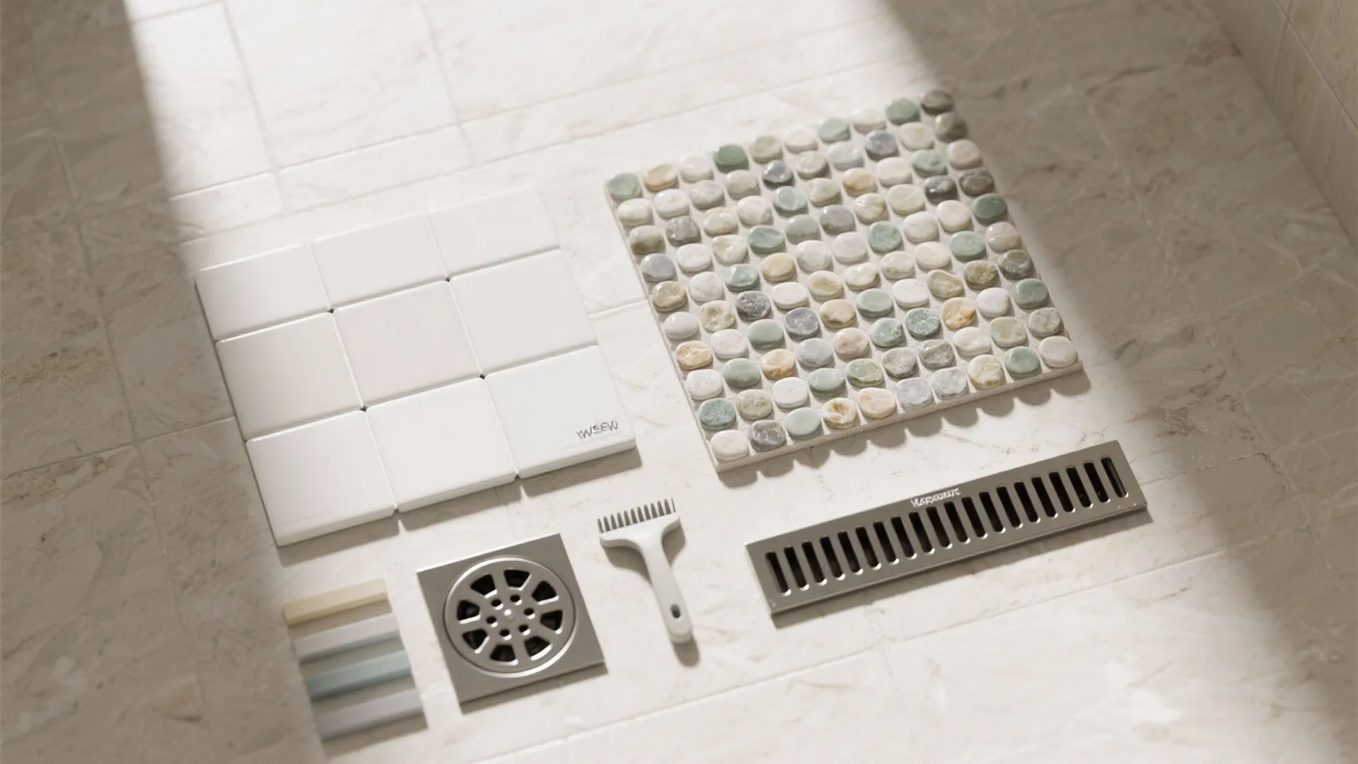 Flatlay of matte porcelain, mosaics, pebbles, grout sticks, and a linear drain cover for bathroom safety.