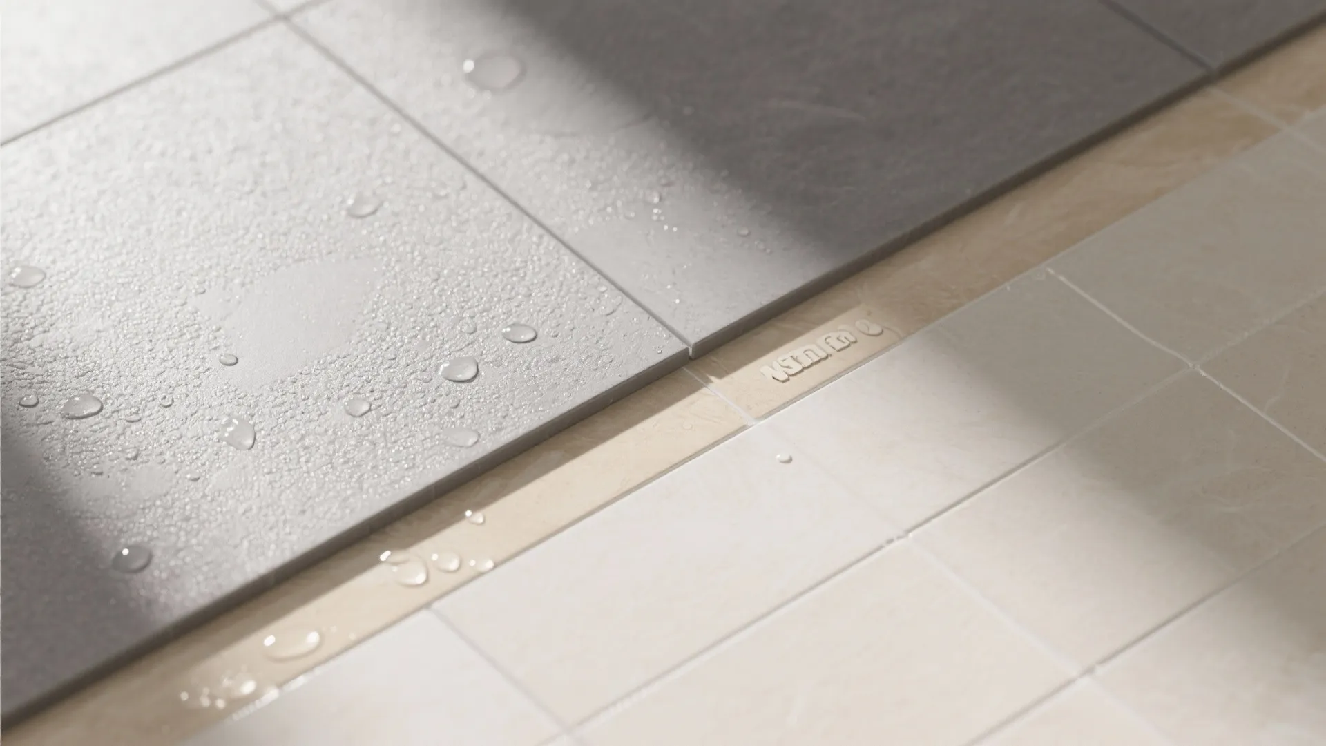 Close up view of light grey and cream floor tiles with water drops and sunlight