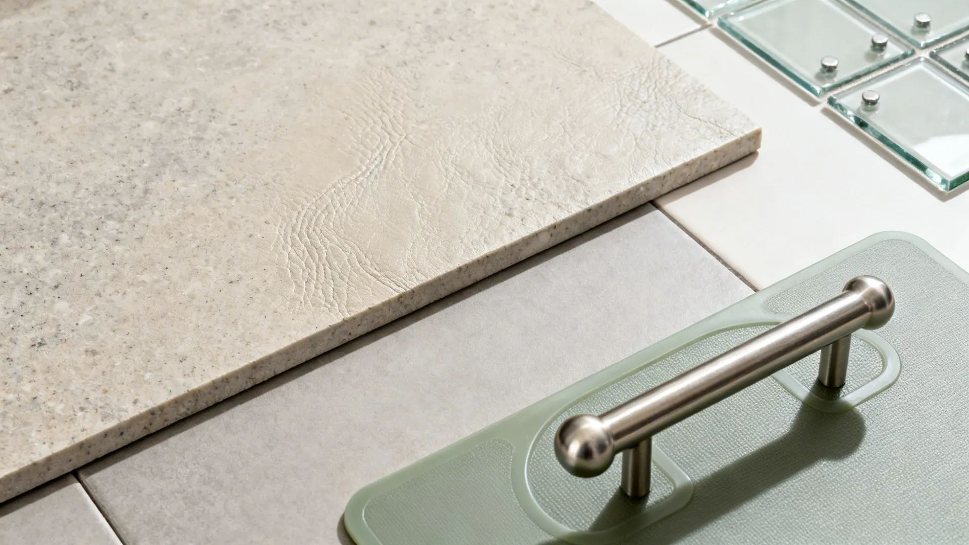 Flat lay of honed quartz, matte floor tile, silicone mat, rounded bar pull, and glass backsplash tile samples.