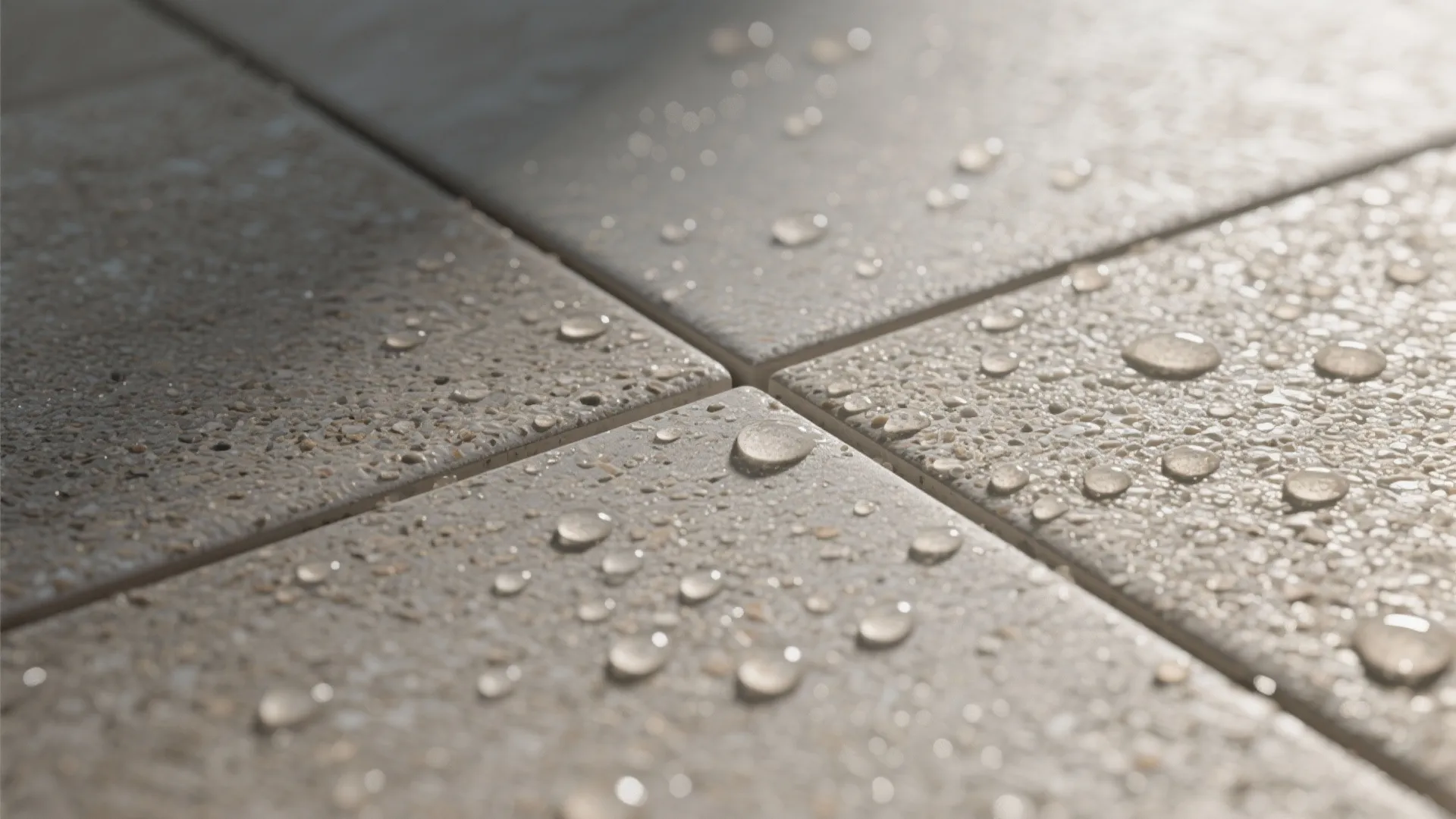 Macro of grit-textured porcelain tile with matte finish and beading water droplets.