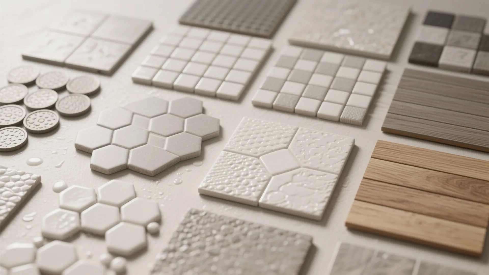 Flat lay of matte hex, penny rounds, 1x1 mosaics, textured porcelain, and wood-look tile samples in soft daylight.
