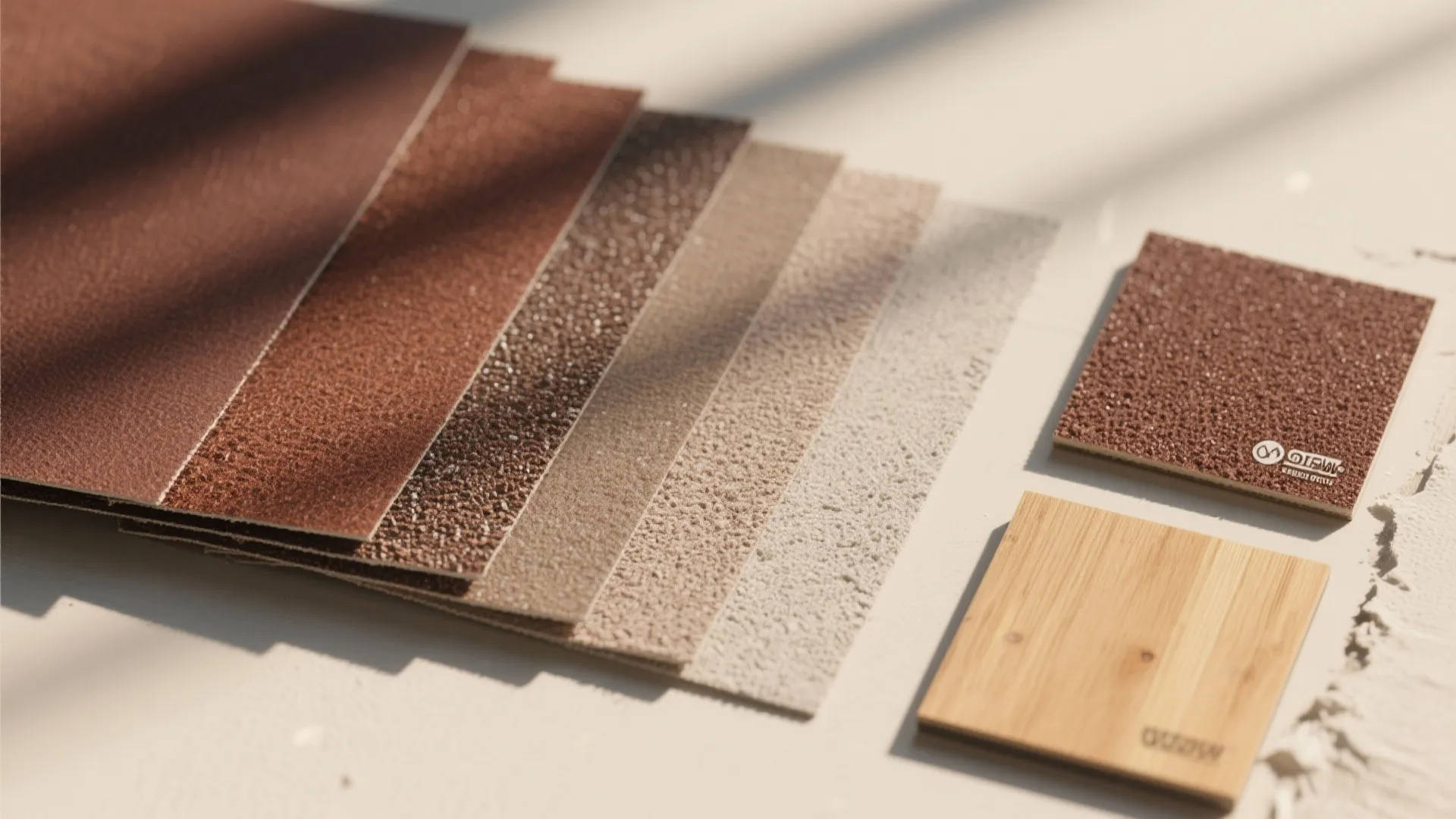 Different sheets of brown sandpaper and wood samples laying on a white table under sunlight