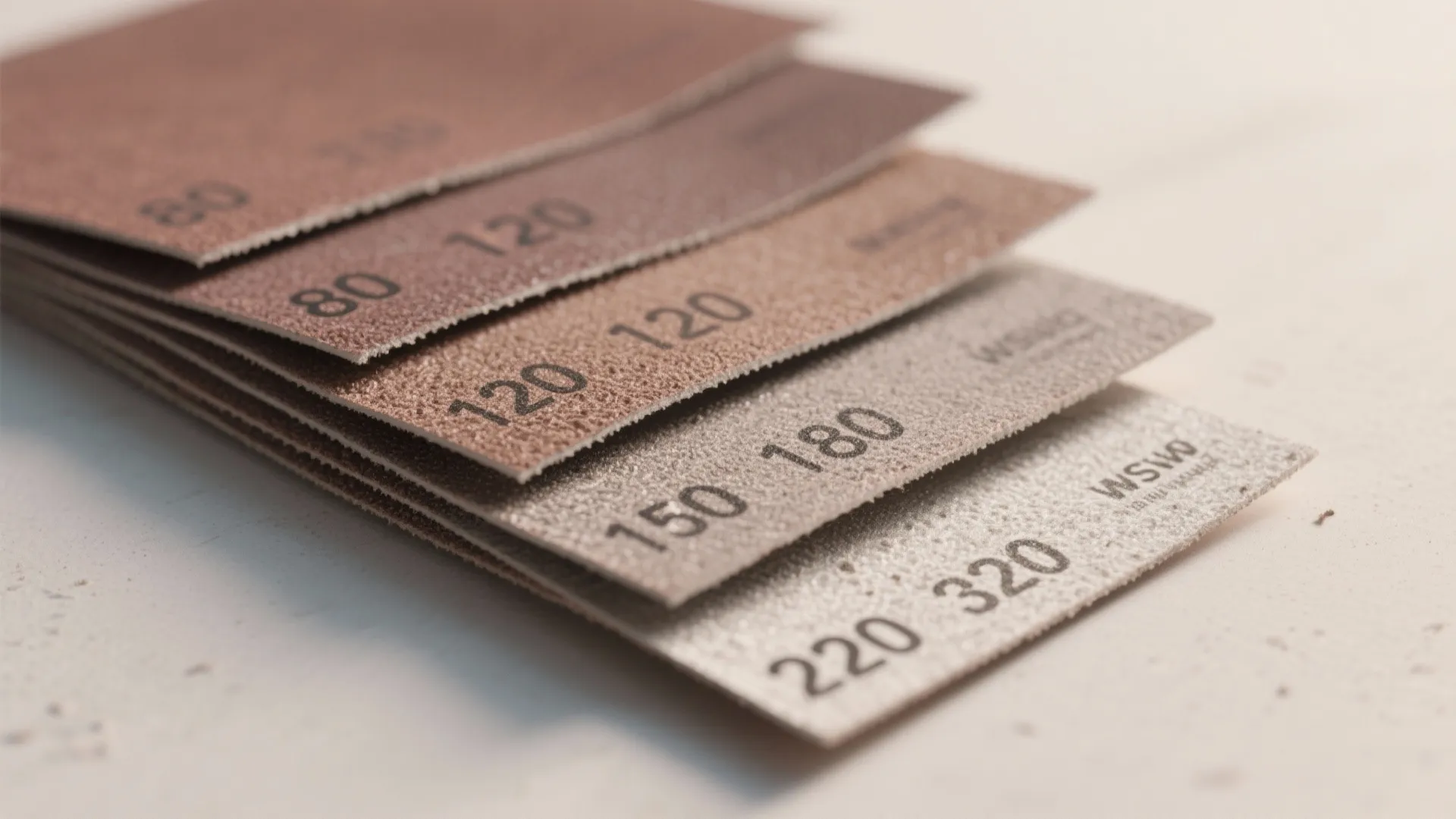 Stacked sandpaper sheets in various colors labeled with numbers for different sanding and surface finishing