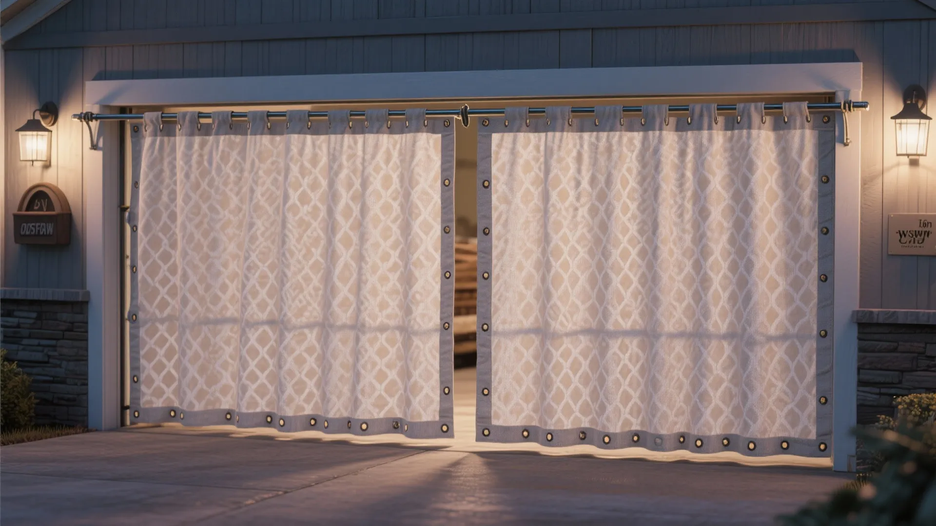 White patterned fabric curtain hanging from a metal rod over a garage door with wall lights