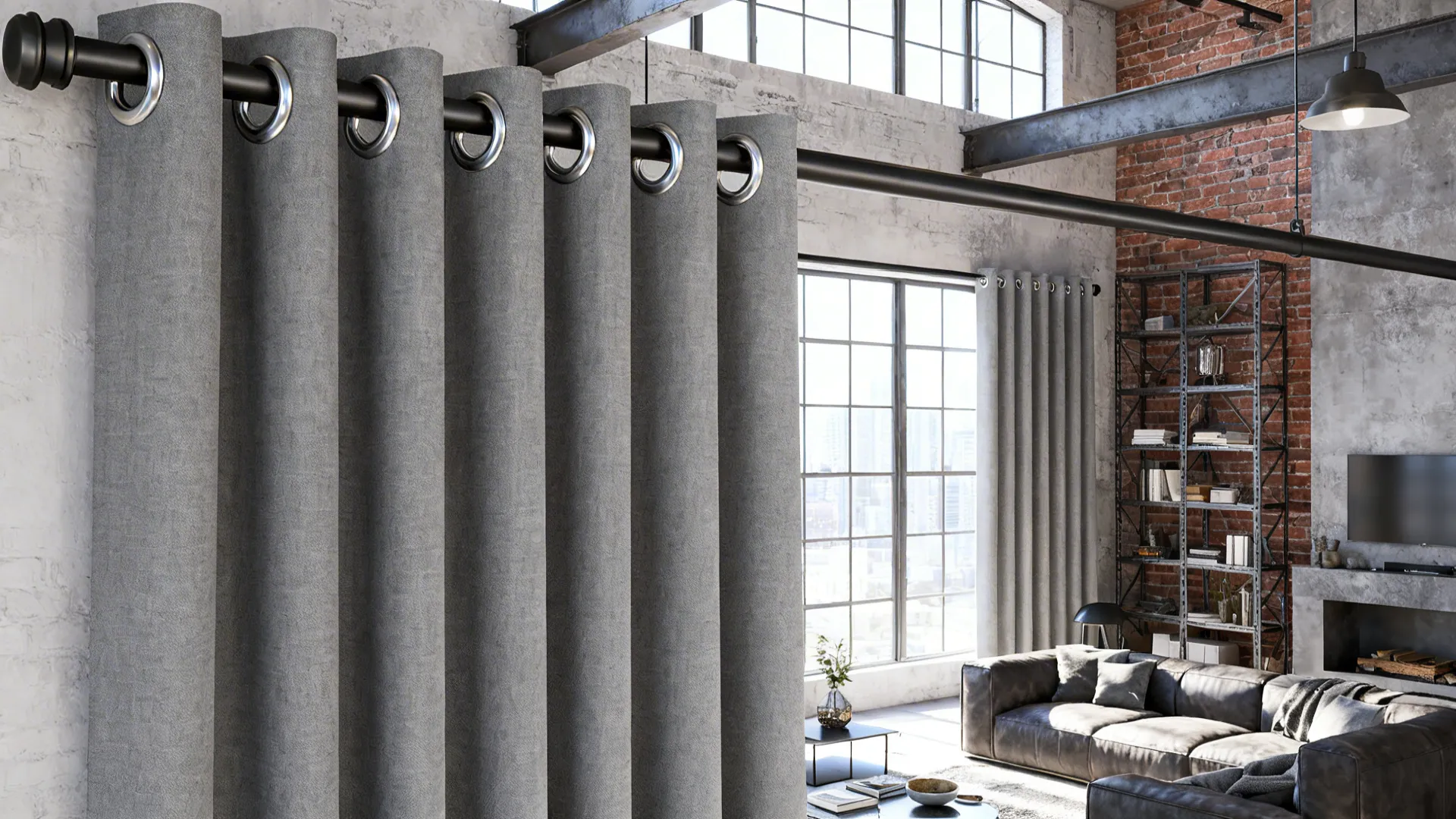 Loft-style living room with minimal grommet curtain panels and gunmetal rod, showing neat folds.