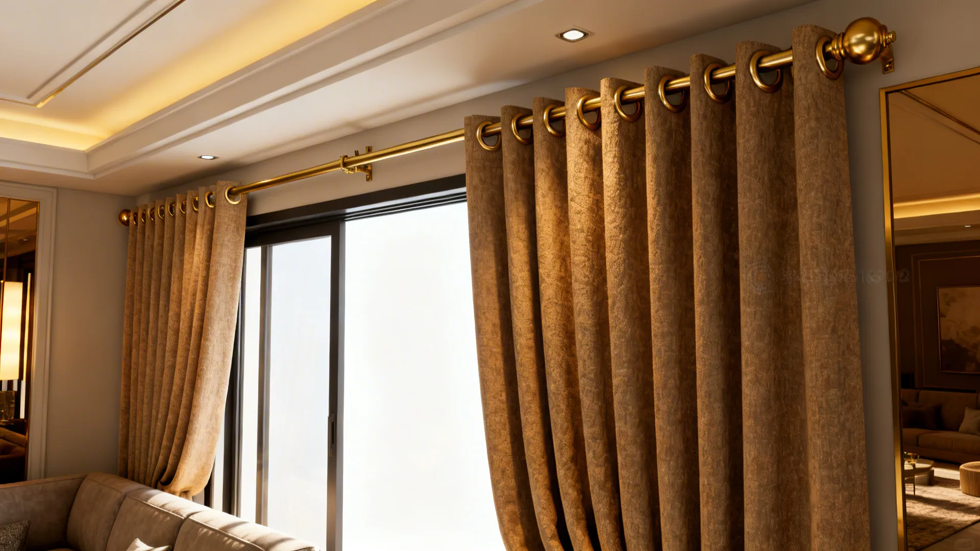 Track-mounted grommet curtains with brass finishes gliding across a wide living room opening.