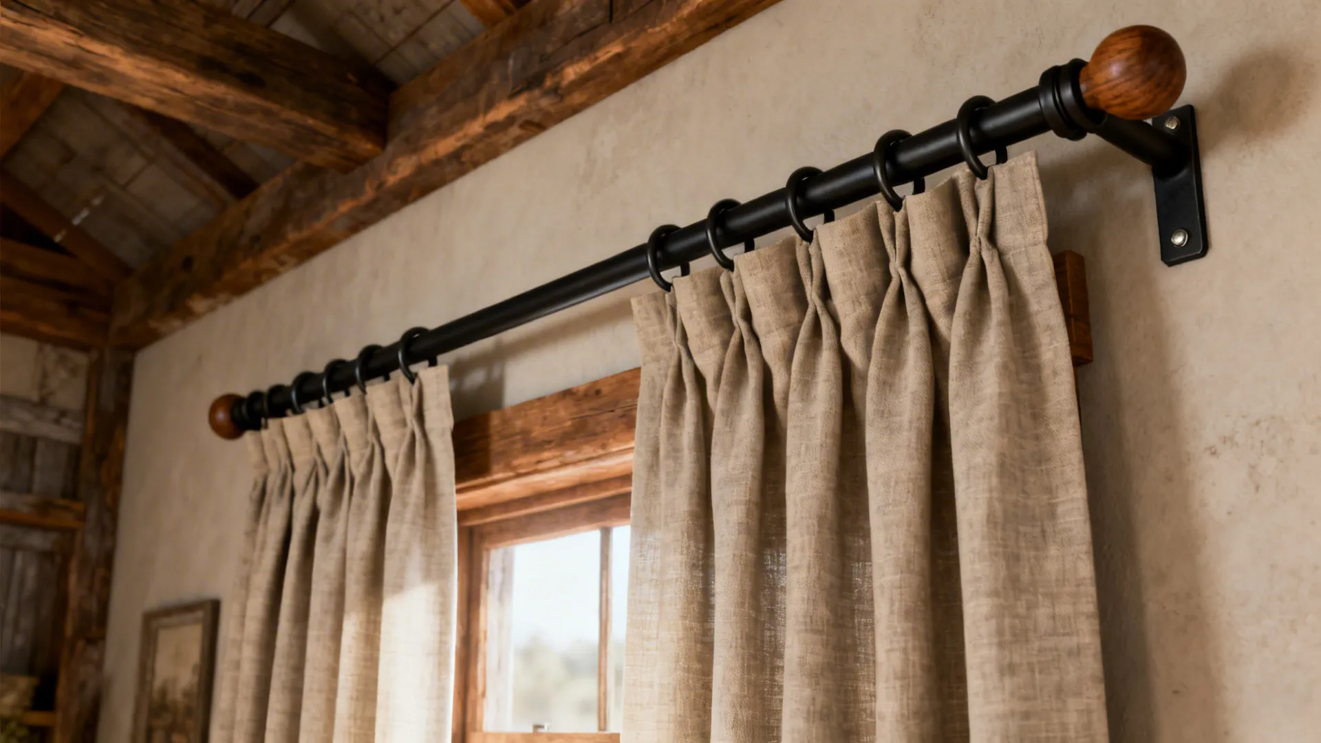Grommet-top curtains on a matte black rod with wooden finials in a farmhouse living room