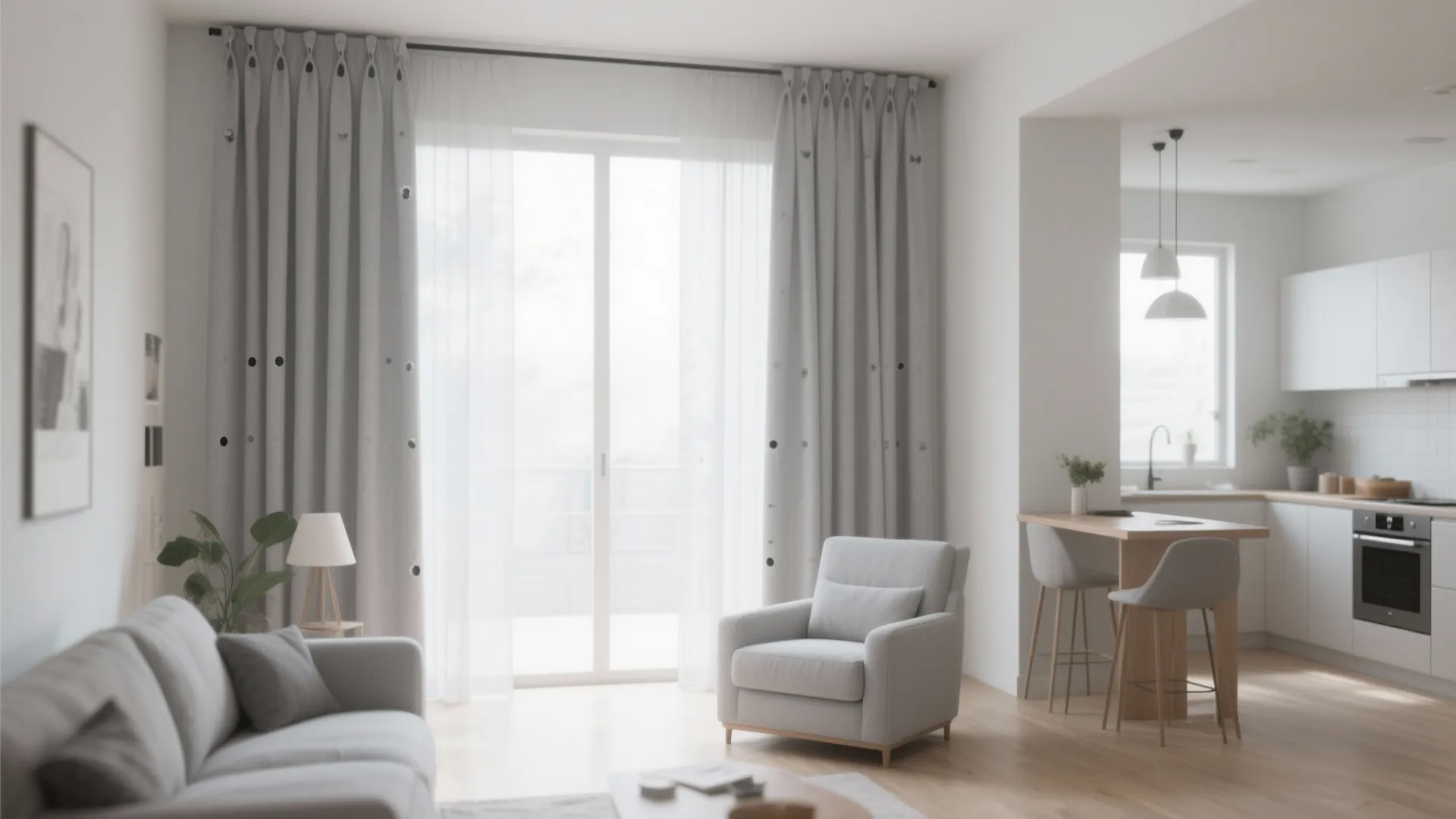 Modern bright living room featuring grey curtains armchair wooden floor and open view kitchen area