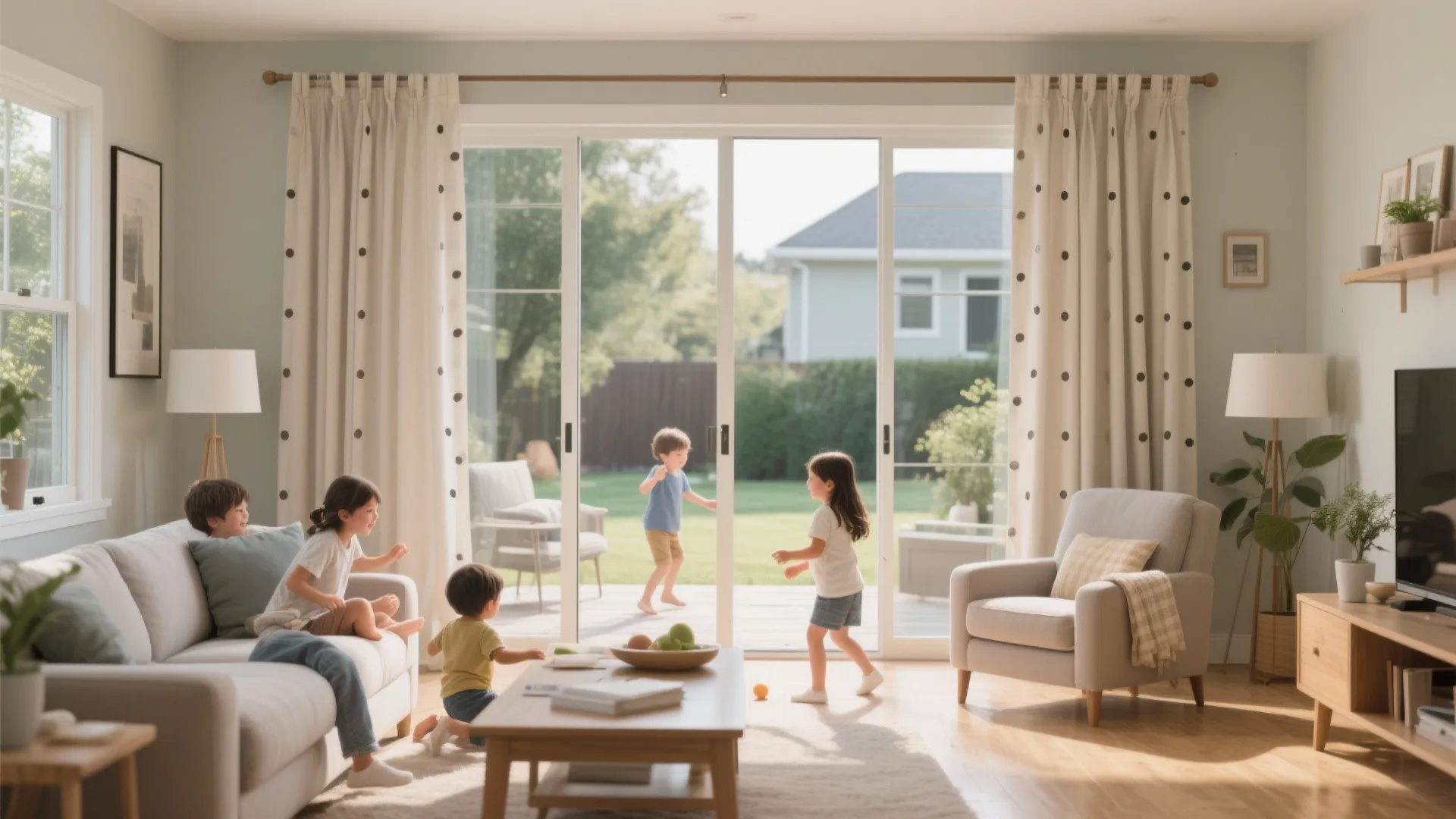 Living room with kids playing near sliding glass doors featuring white curtains with black dots