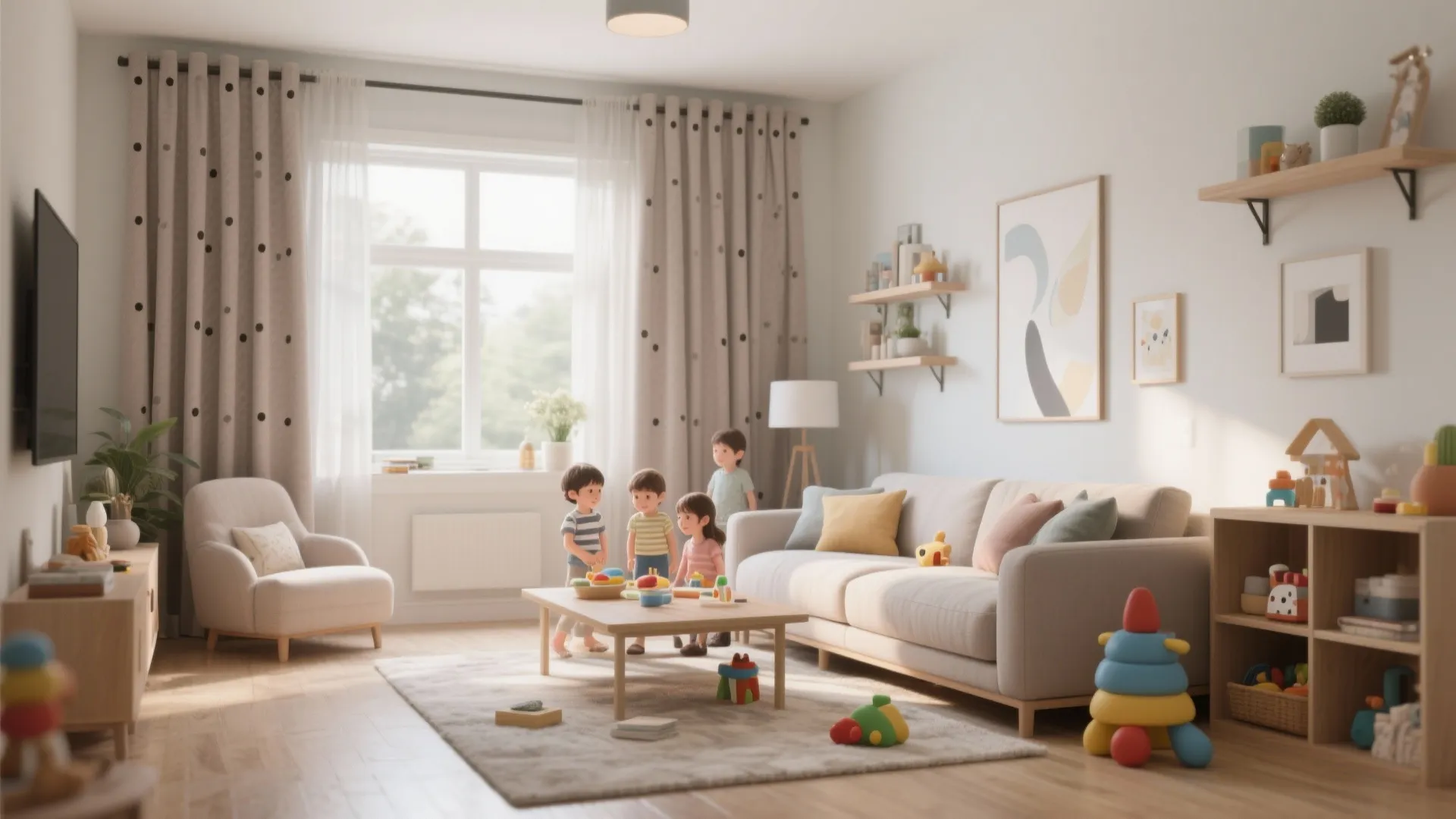 Modern bright living room with polka dot curtain and kids playing near a beige sofa