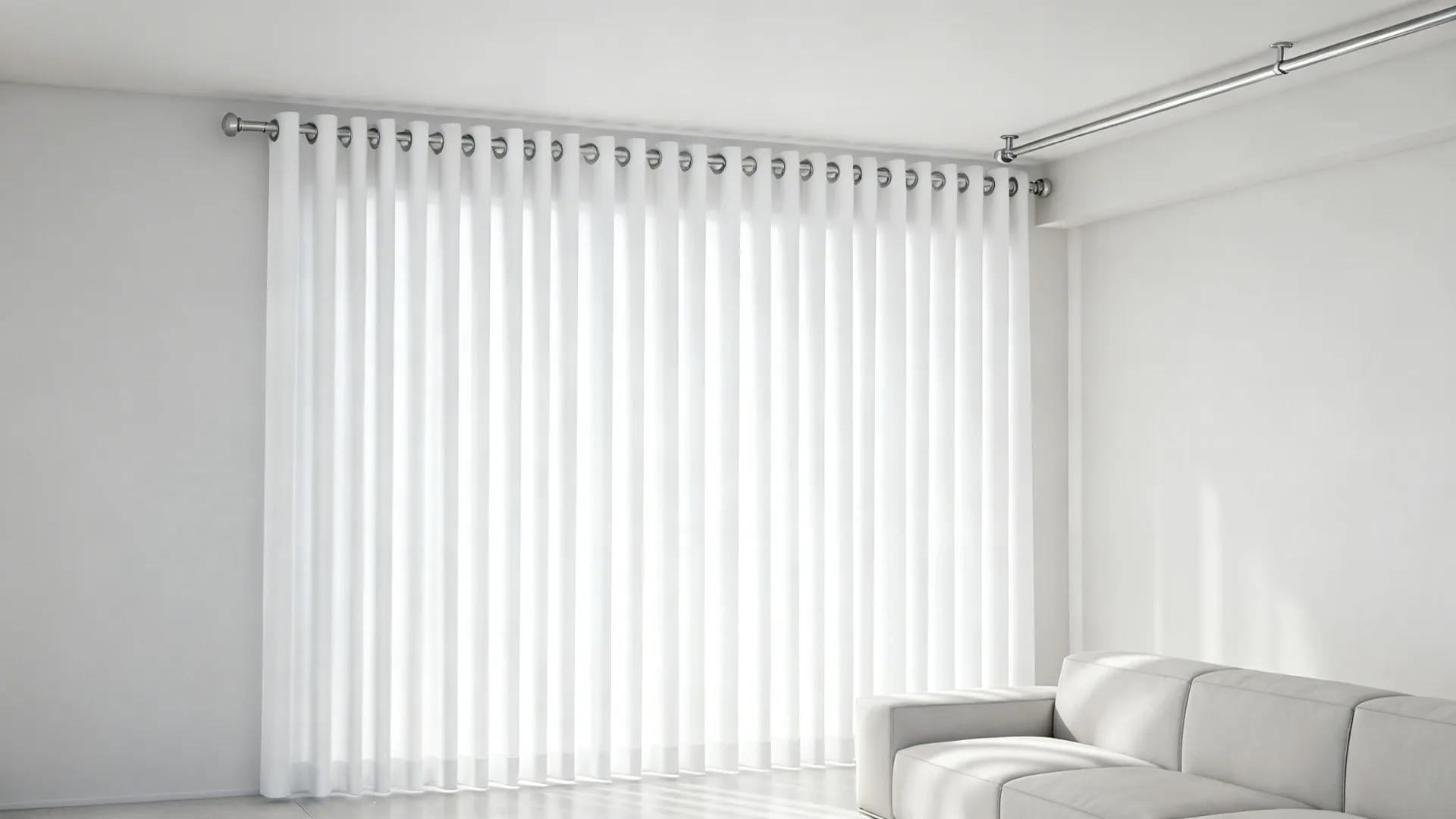 Contemporary living room with minimal grommet-top white curtains and even folds