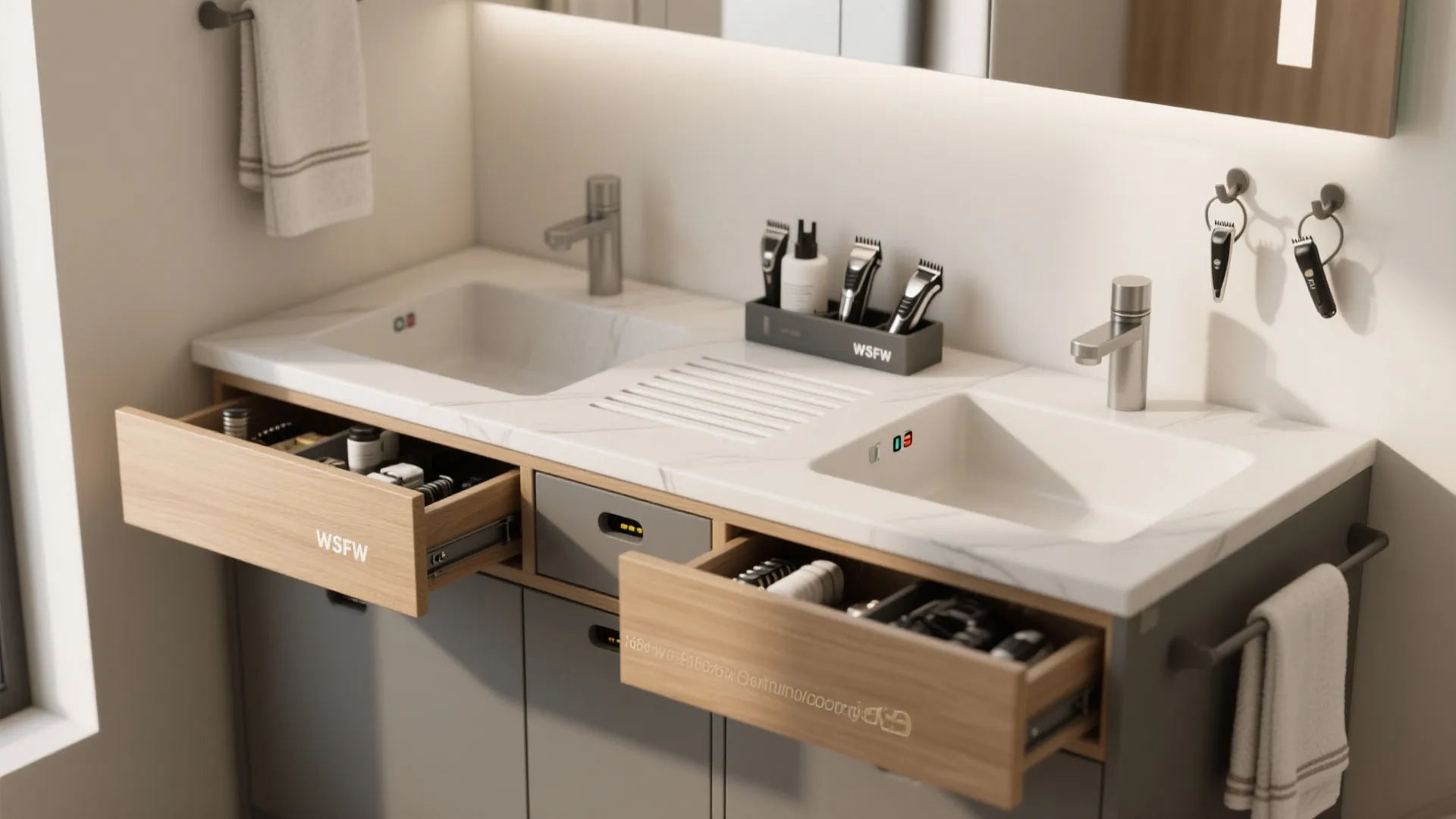 3. Dual-purpose grooming top over storage cabinet