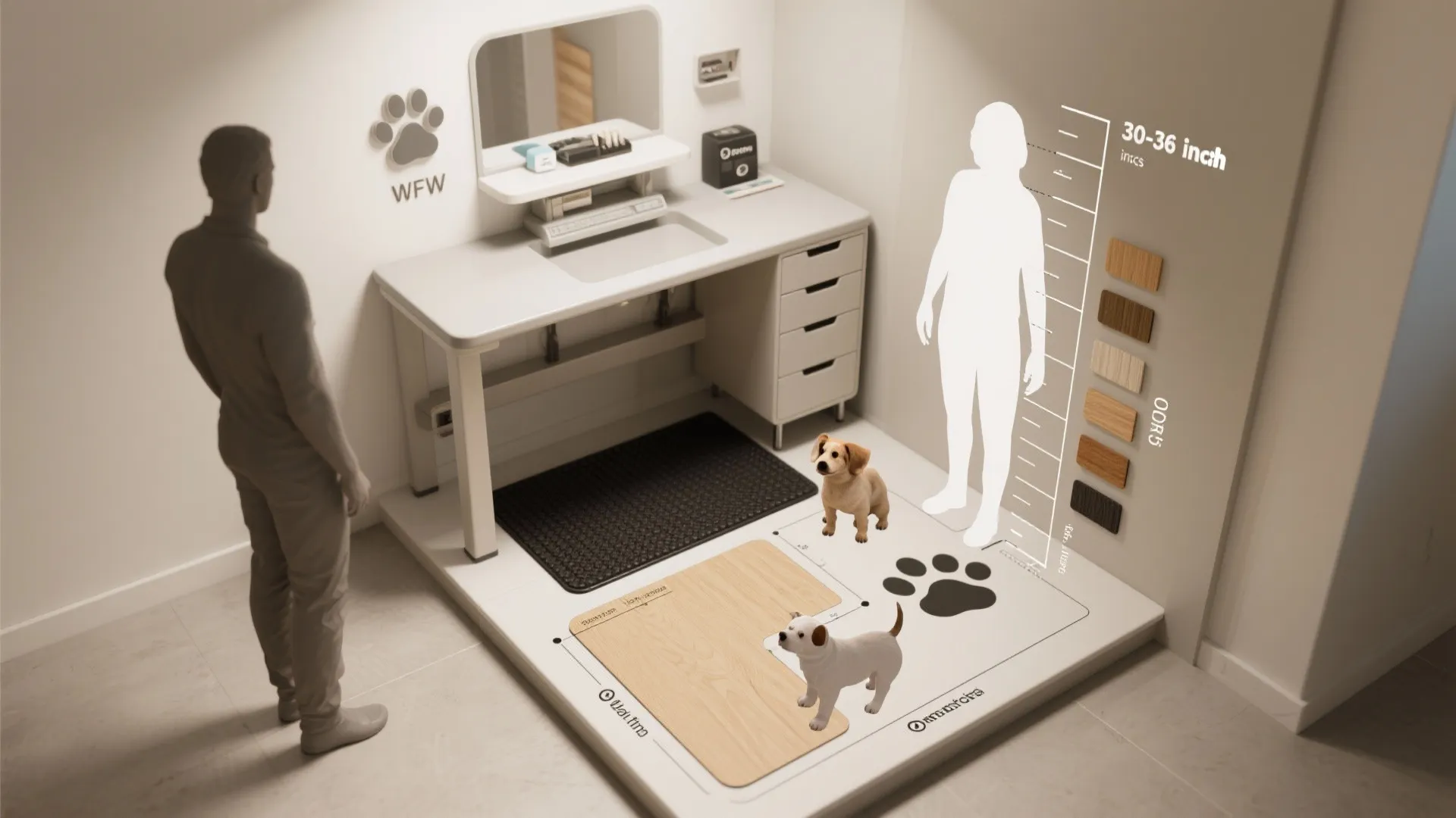 Top-down infographic showing grooming table heights, dog footprint, and recommended surface materials for small dogs.