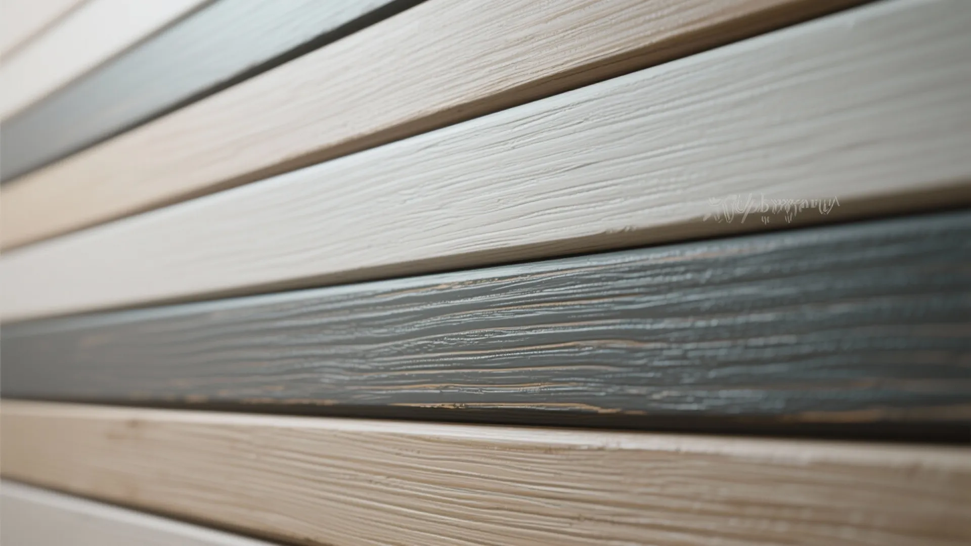 Close up view of horizontal wooden wall panels in different shades of grey and beige