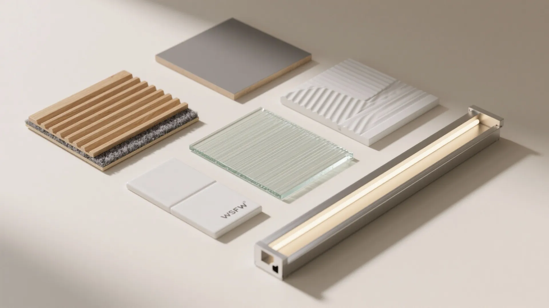 Interior design material samples including wood slats grey tile glass textured panel and light fixture