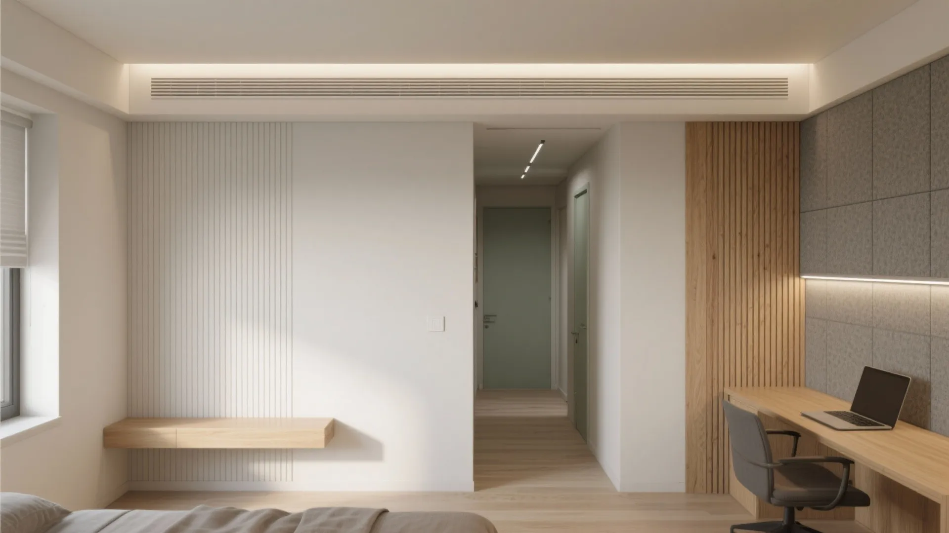 Simple bedroom workspace with wooden desk laptop grey chair wall panel and green hallway door