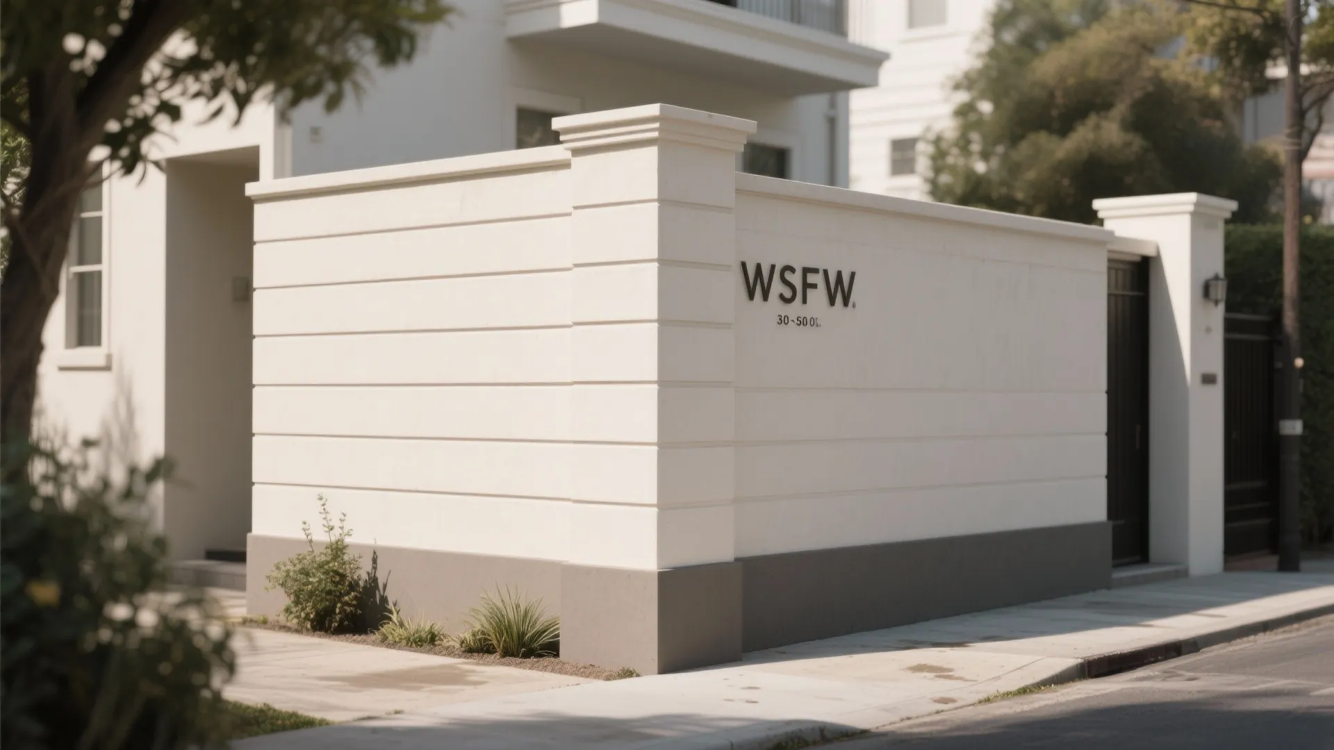 White modern exterior wall with horizontal grooves and black logo near sidewalk with green plants