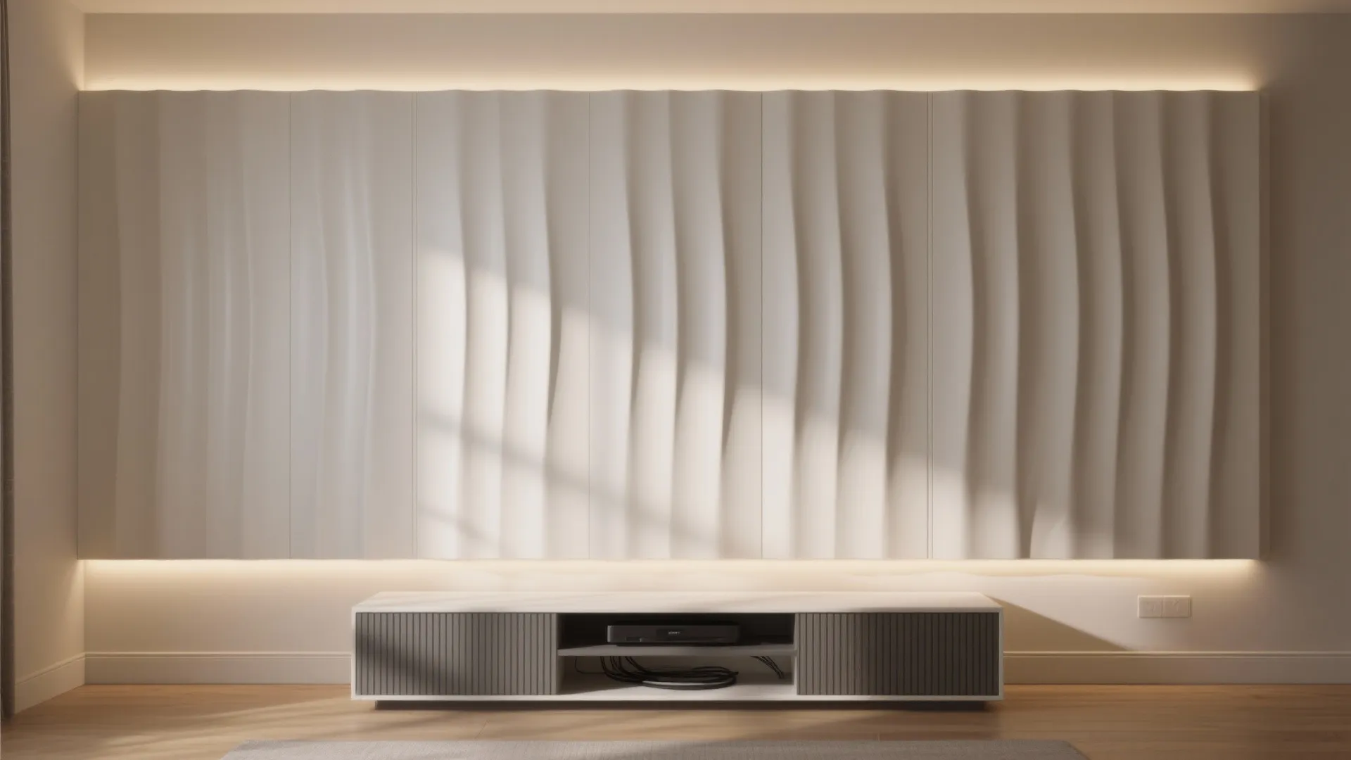 Modern white wall panel with wavy pattern and hidden light above a wooden media unit
