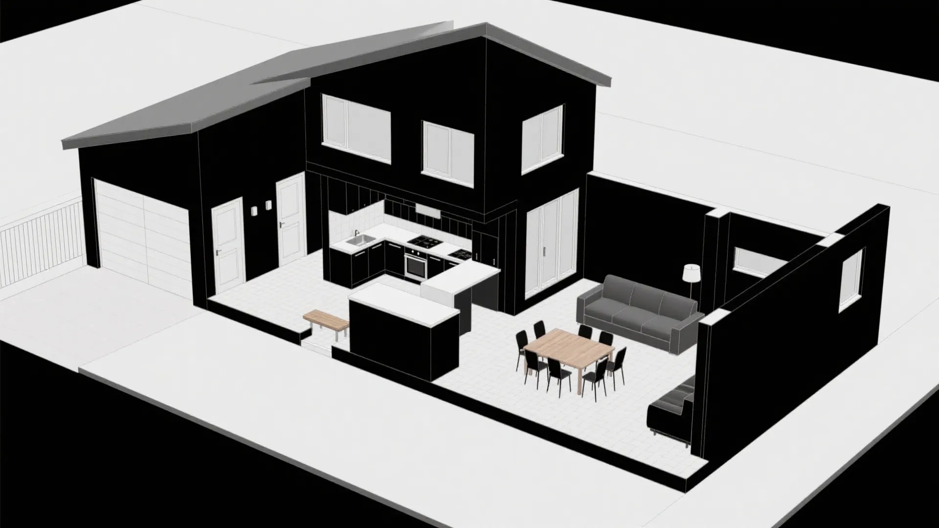 Top-down CAD plan of public ground core and private upper retreat with central stair