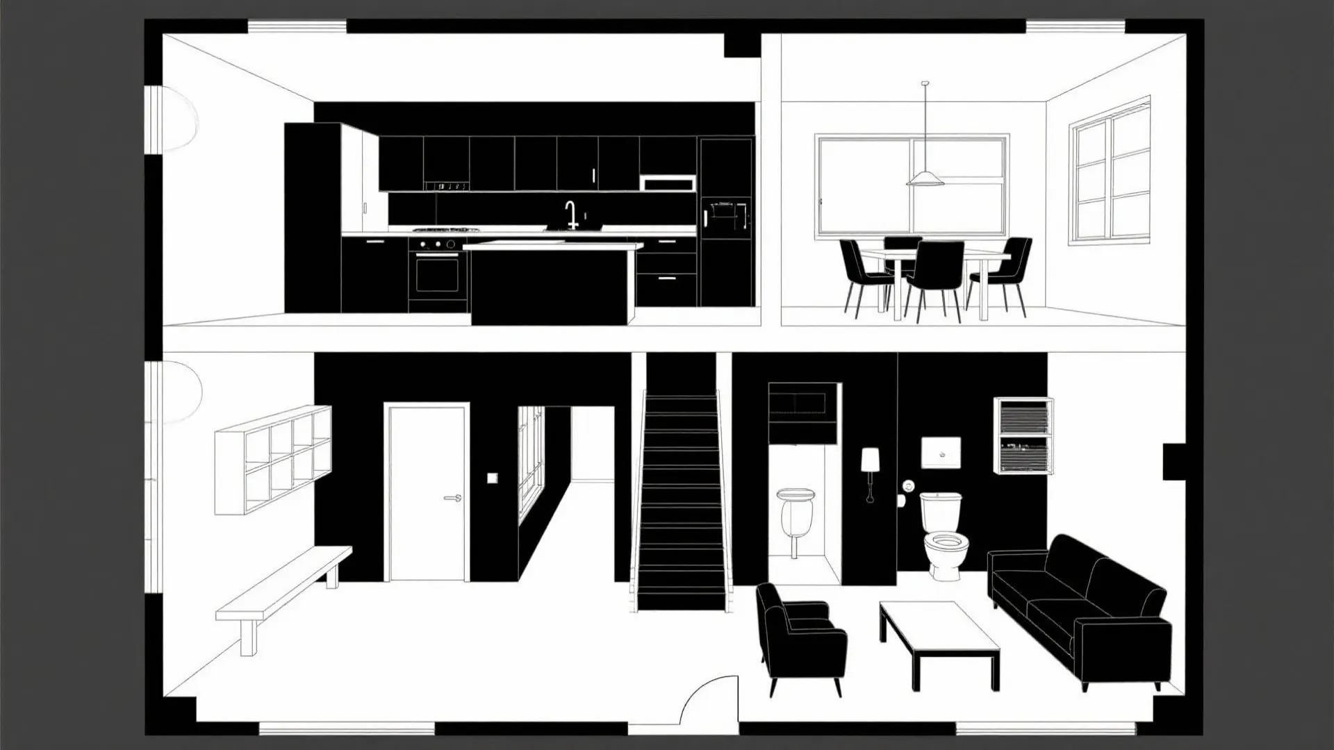 Top-down floor plan showing public ground level and quiet private upper spine