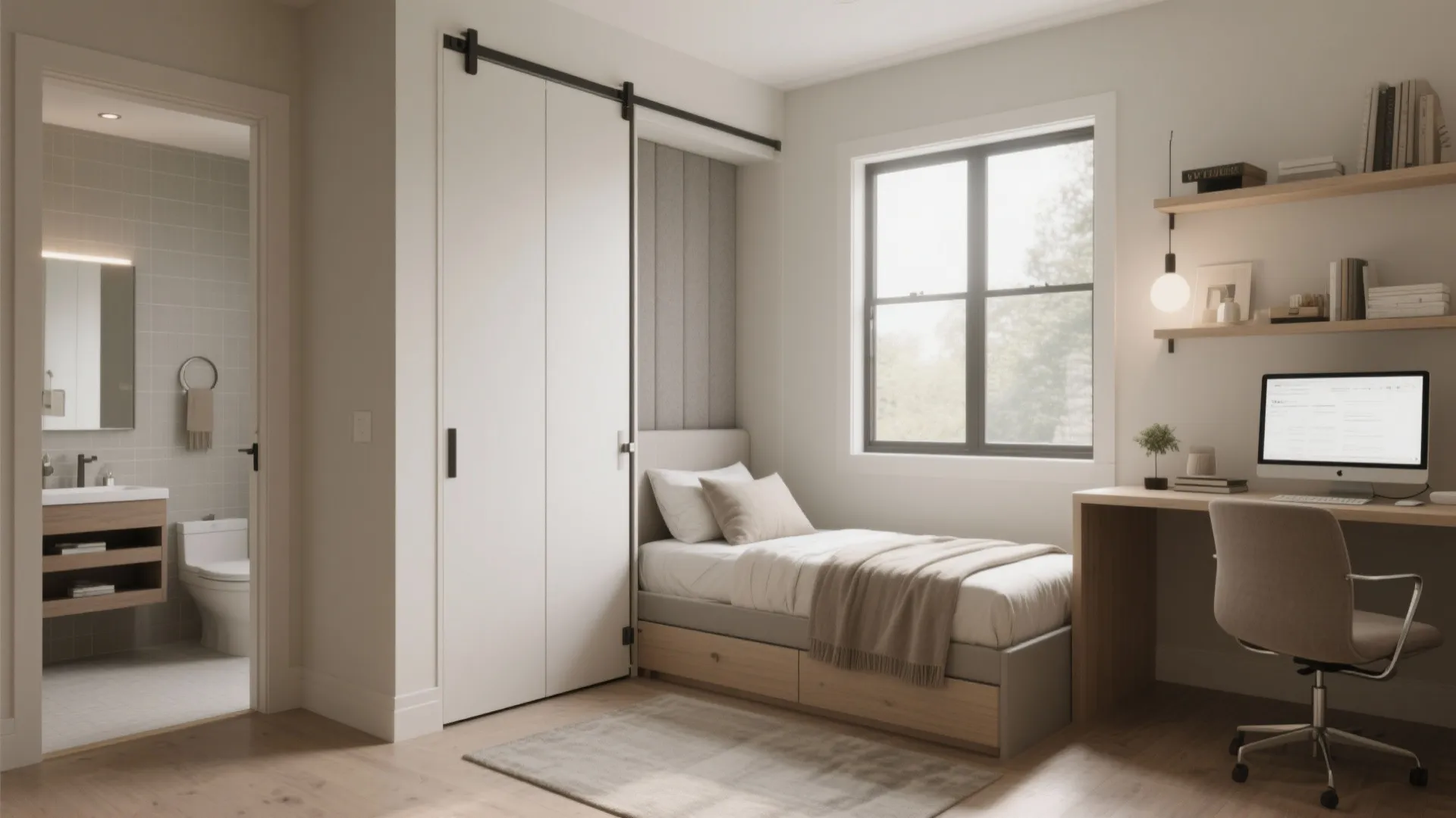 Modern small bedroom with single bed white sliding door desk chair and bathroom view nearby