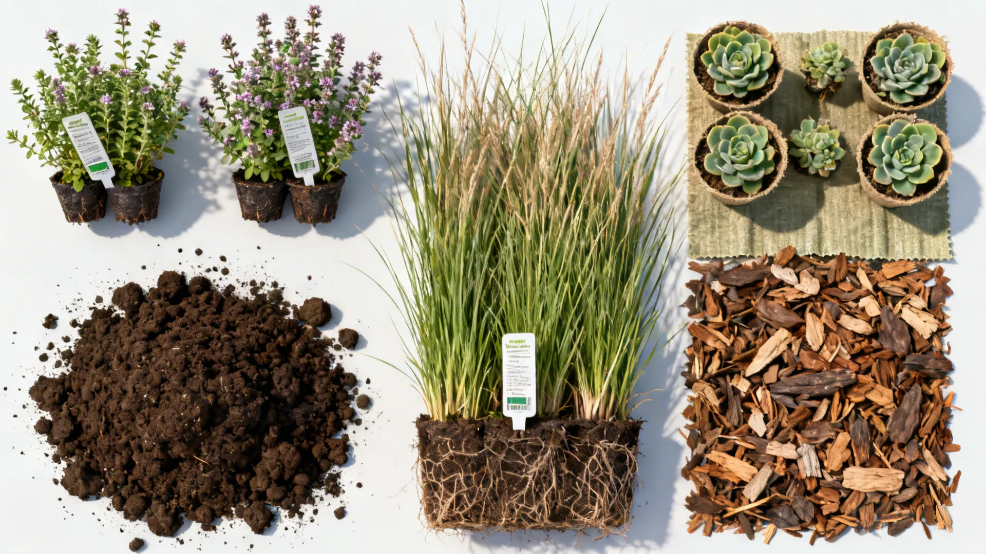 Top-down flatlay of native groundcover plugs, soil, mulch and erosion-control mat for slope planting.