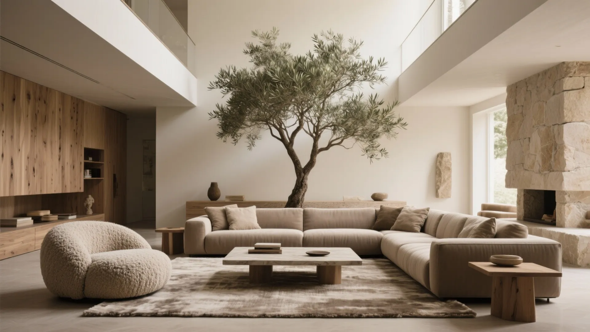 5) Ground the Height: Low-Slung Seating, Tall Greenery, and Textured Layers