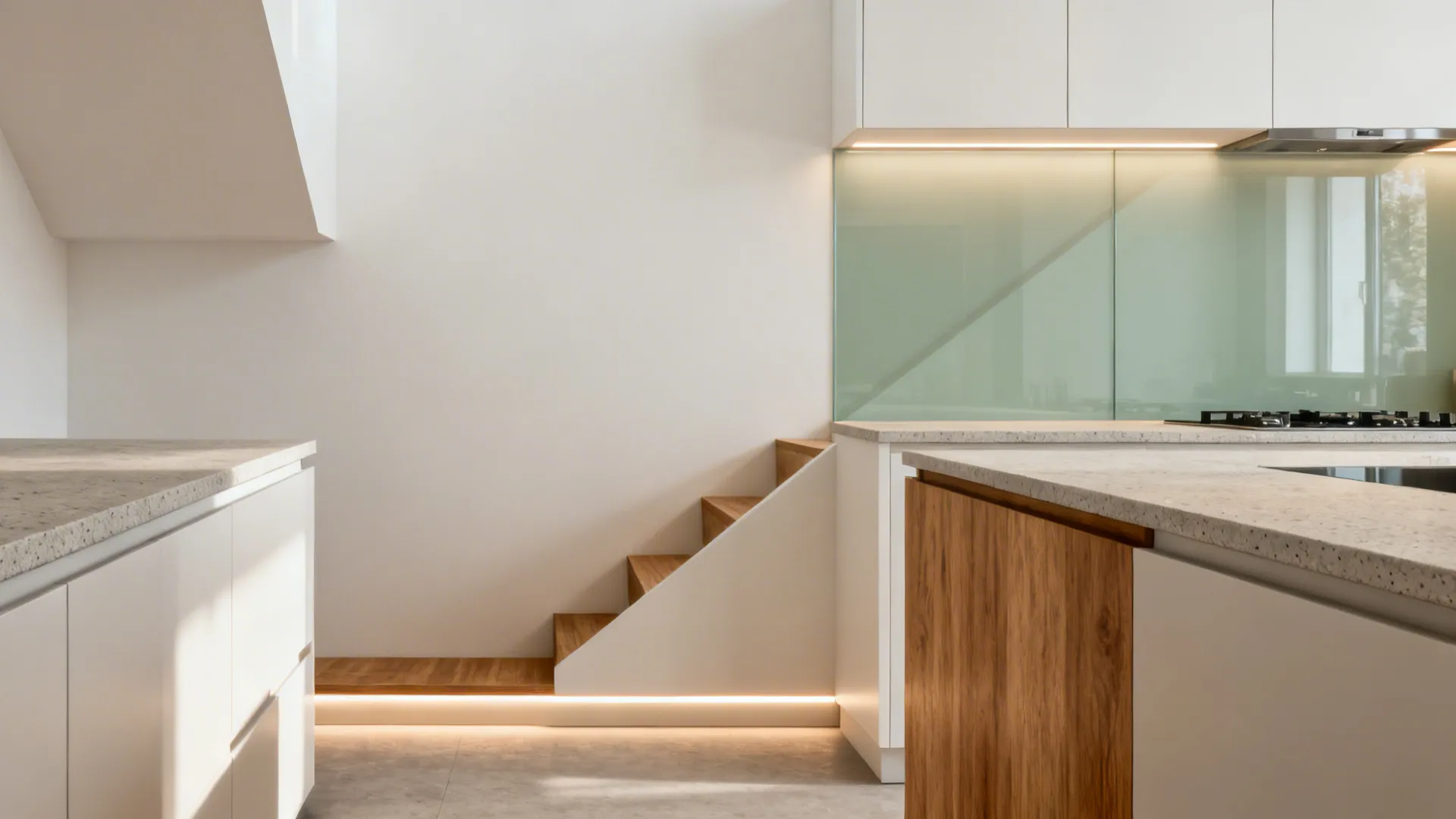Under-stair kitchen with matte counters, warm wood, sage and soft white palette, and safe lighting.