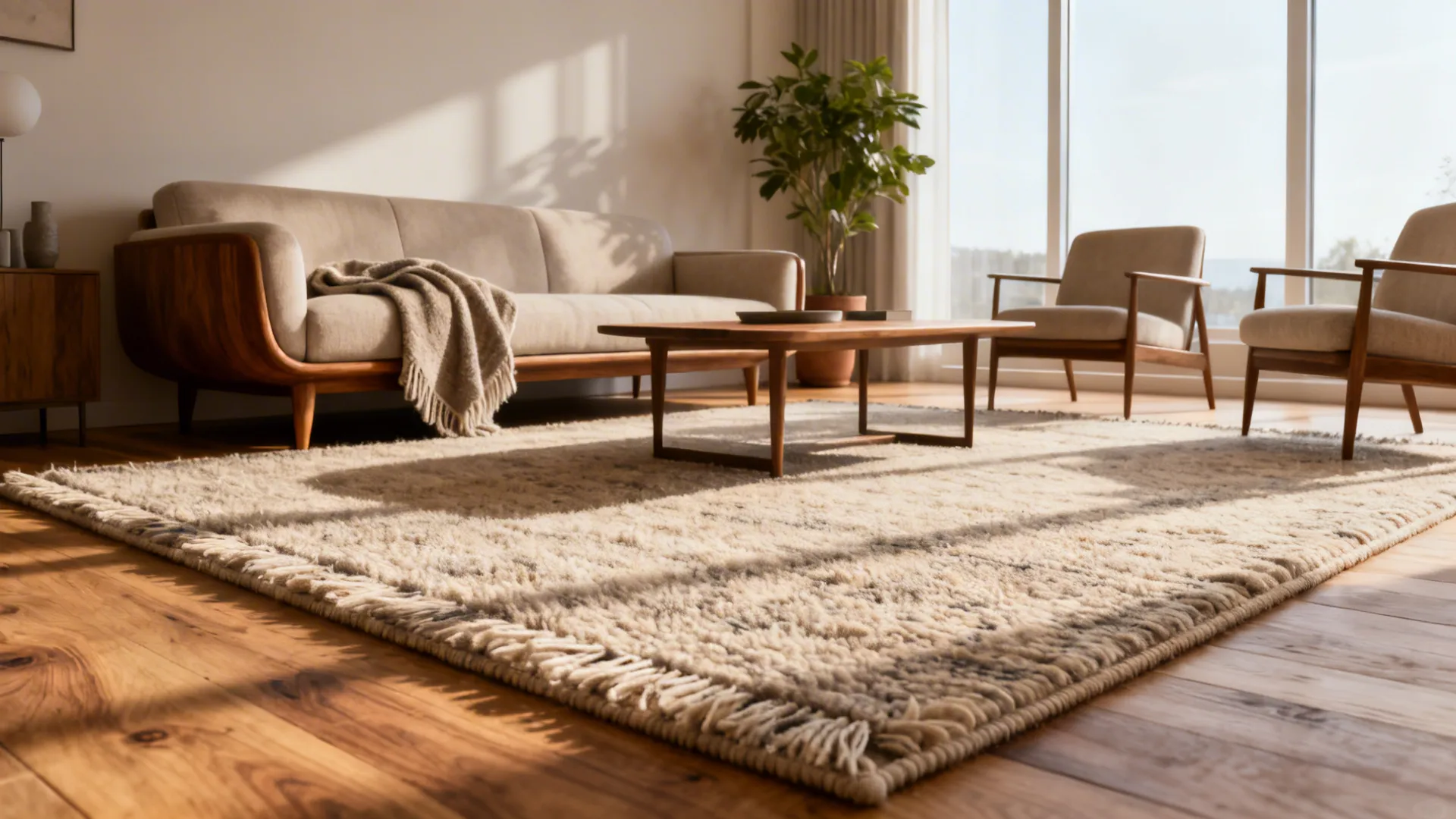 Large shaggy rug on wooden floor with beige sofa coffee table armchairs and big window
