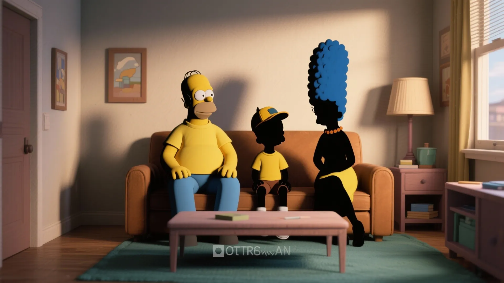 Family characters sitting on a brown sofa in a living room with pink coffee table