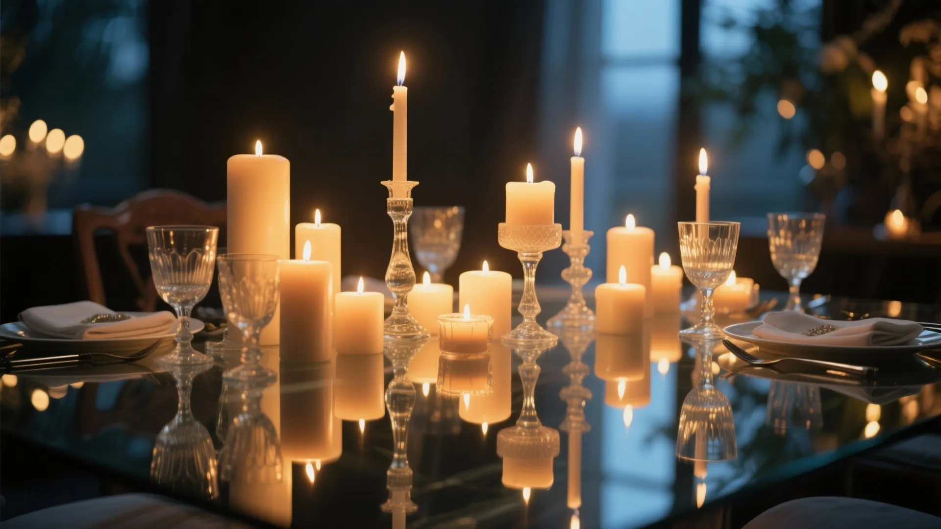 Elegant dining table with many burning candles of different heights glass cups and plates reflections