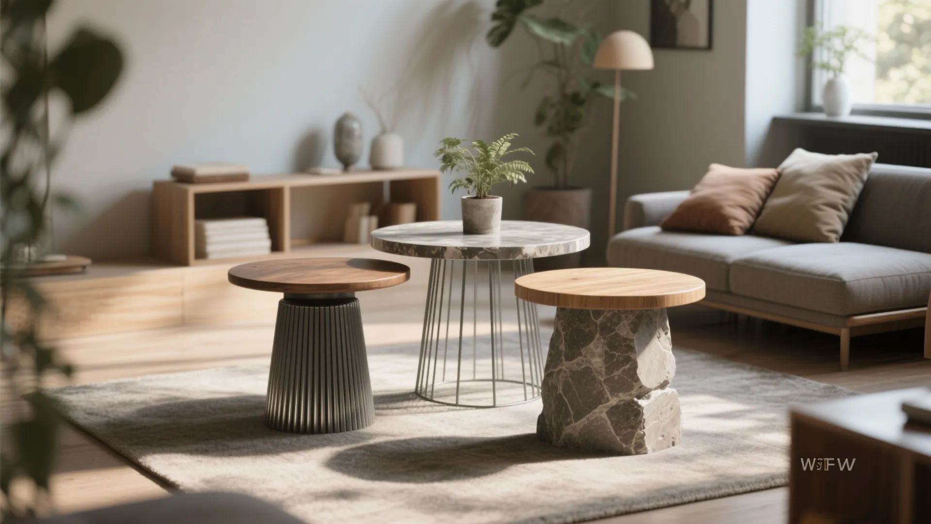 Three unique coffee tables with wood marble and stone tops on a grey area rug