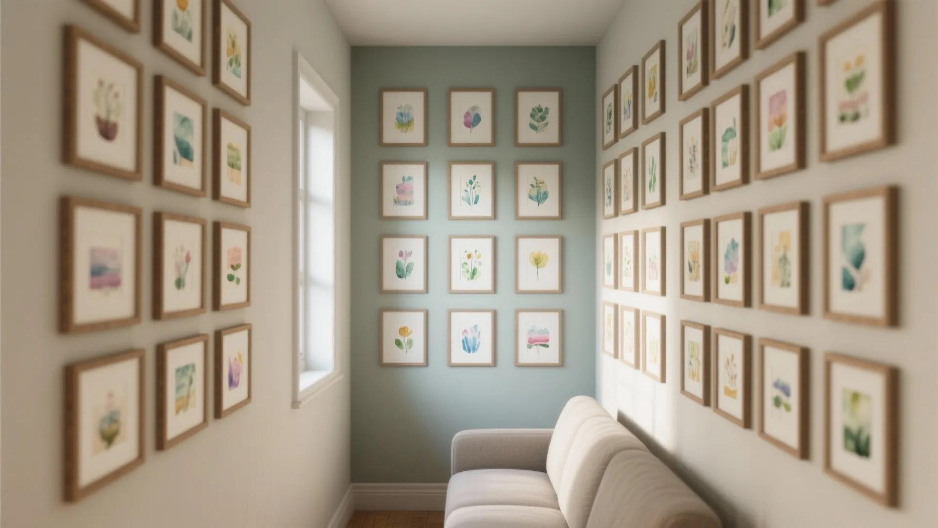 Small seating area with a white sofa and many small framed pictures on the green wall