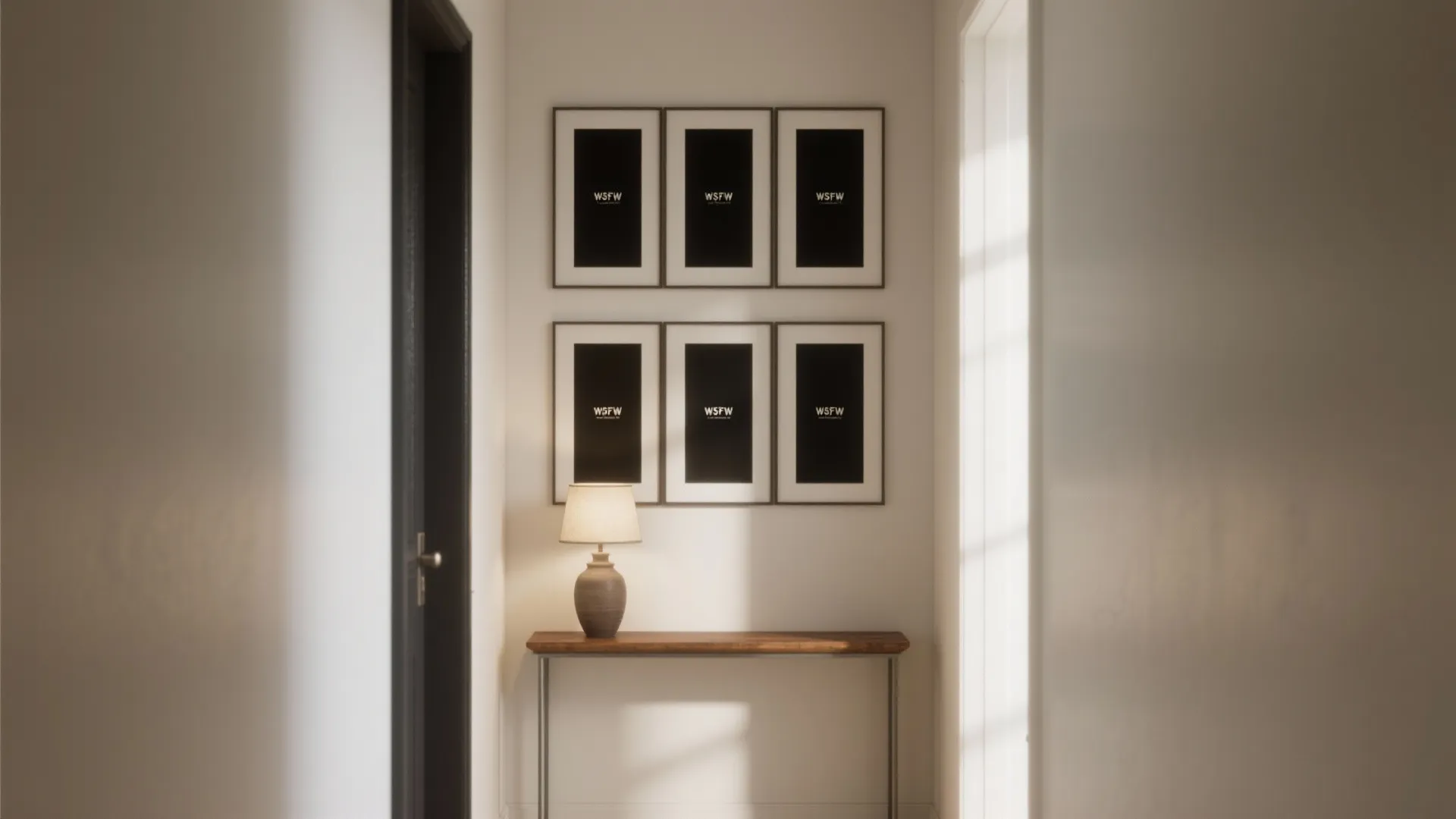 Grid of six small black canvases above a narrow console with minimal decor and balanced spacing.